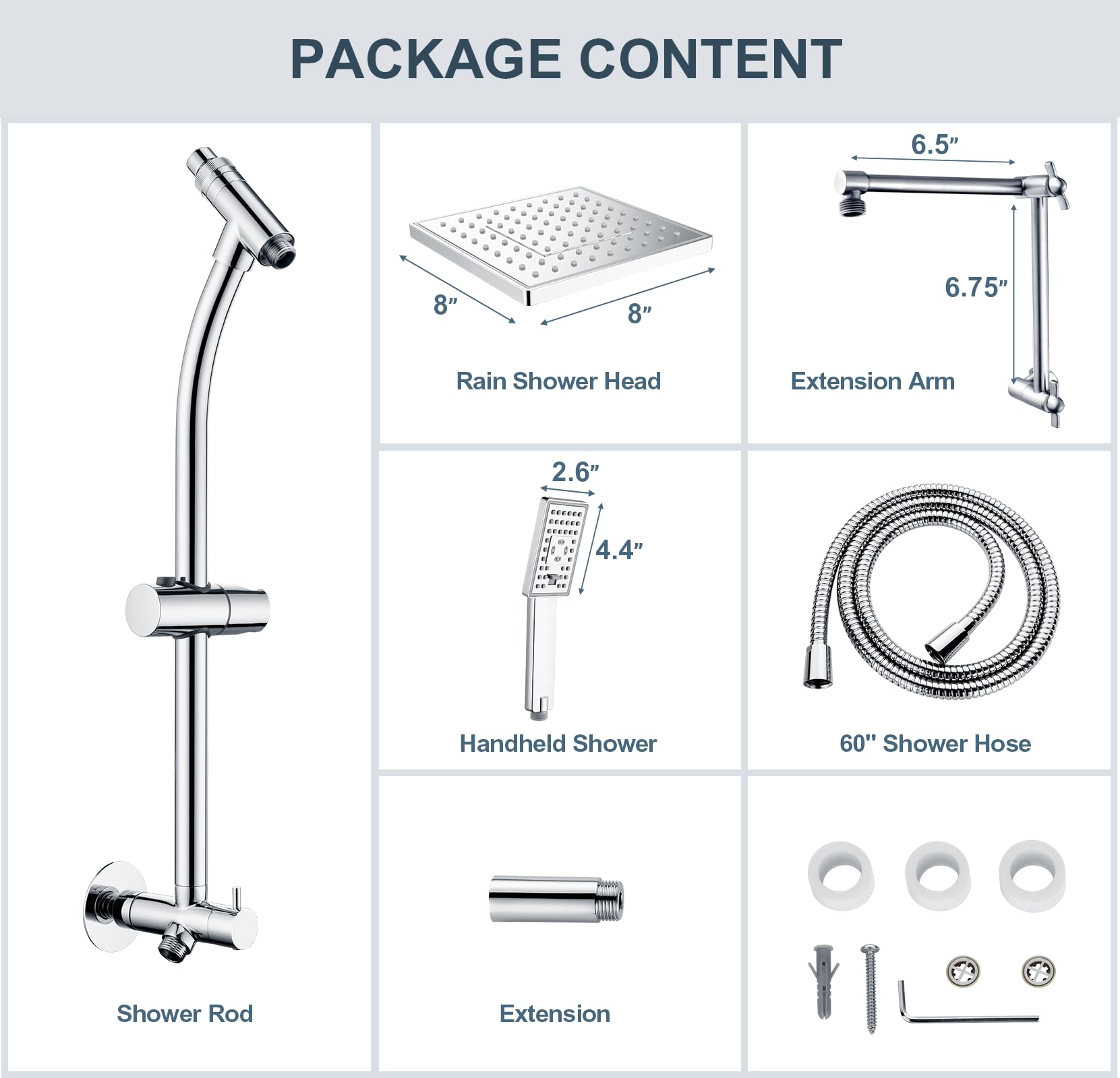 BRIGHT SHOWERS Luxury Rain Shower Head System with Handheld Spray Combo - Solid Brass Slide Bar, Adjustable Height Shower Holder, Extension Arm & 60