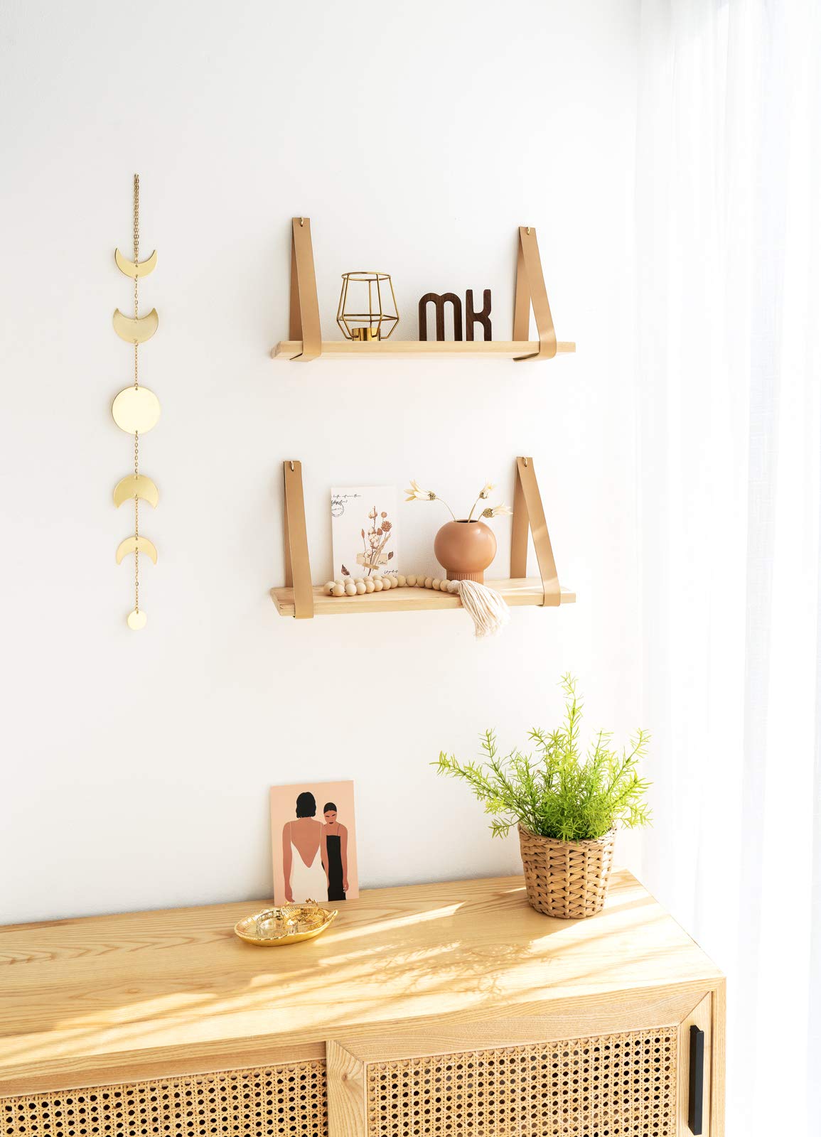 **Mkono Floating Wall Shelf Set of 2 - Wooden Hanging Storage Shelves with Leather Straps for Nursery, Bedroom, Living Room & Bathroom - Perfect for Organizing Books, Decor & Essentials**