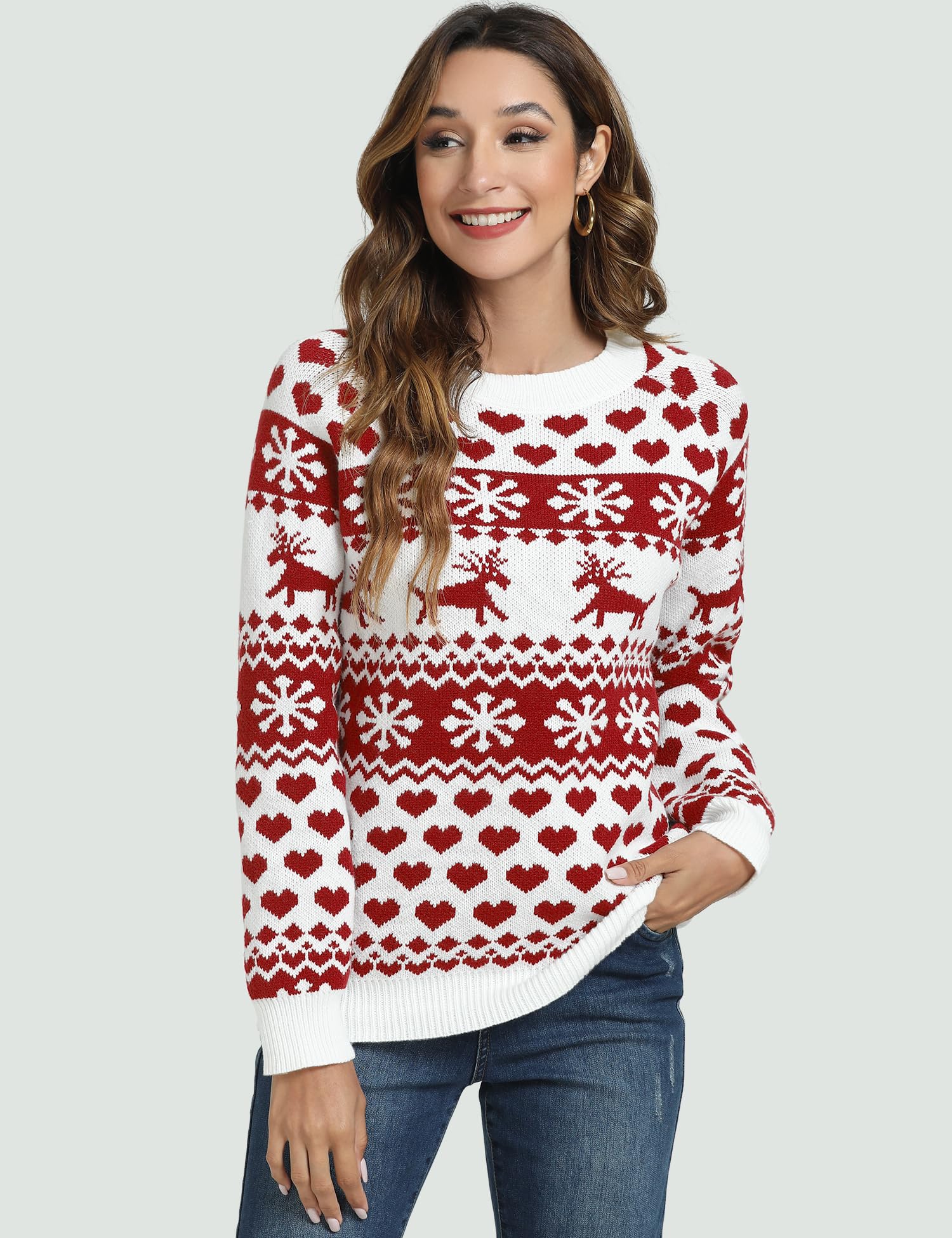 Women's Ugly Christmas Sweater - Festive Snowflake & Reindeer Pattern Holiday Knit Pullover | Cozy Crewneck Xmas Sweater for Parties, Family Gatherings & Christmas Photos