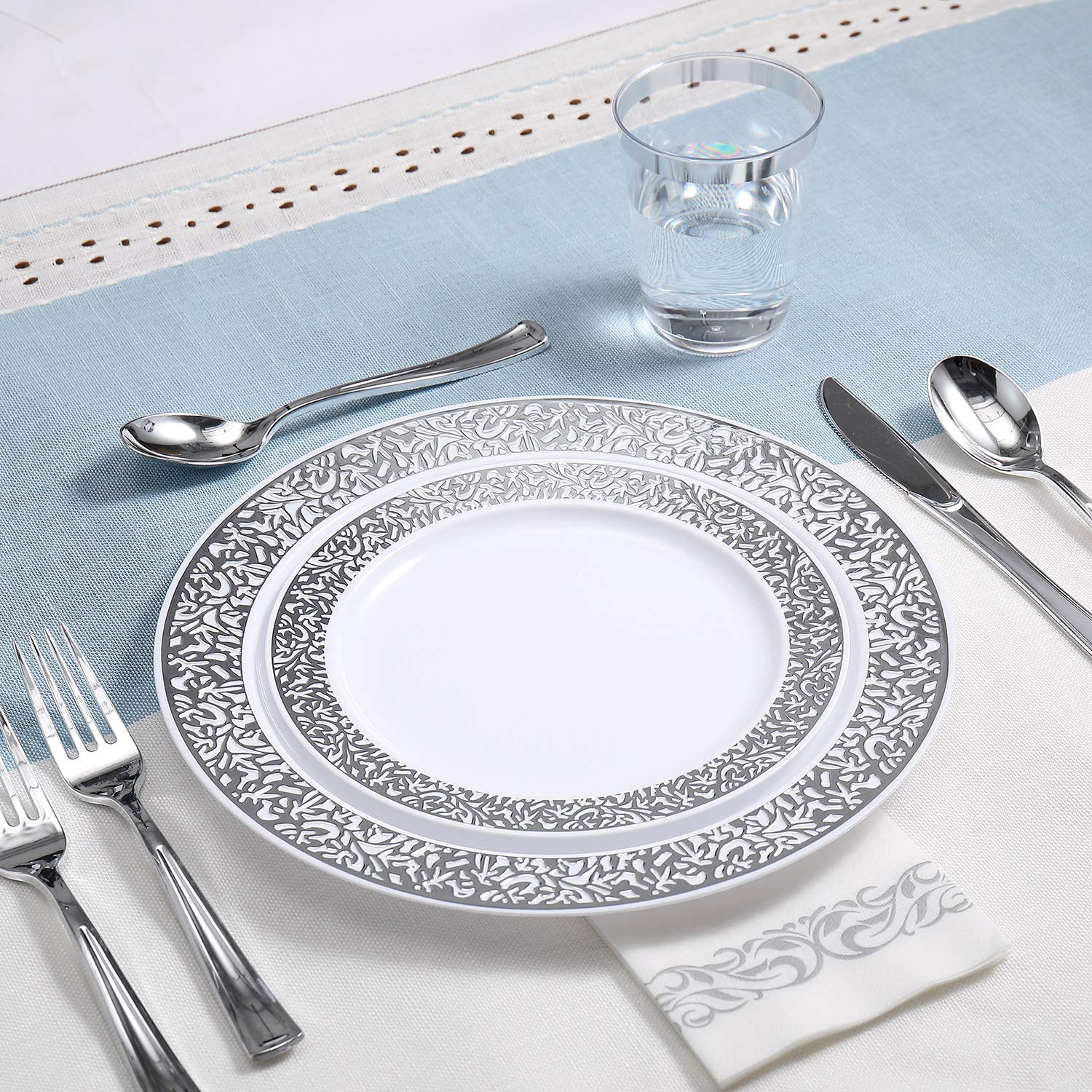 FOCUSLINE 350-Piece Silver Disposable Dinnerware Set for 50 Guests - Heavy Duty Plastic Plates, Cups, Napkins & Silverware - Elegant Silver Lace Design for Weddings, Parties & Events