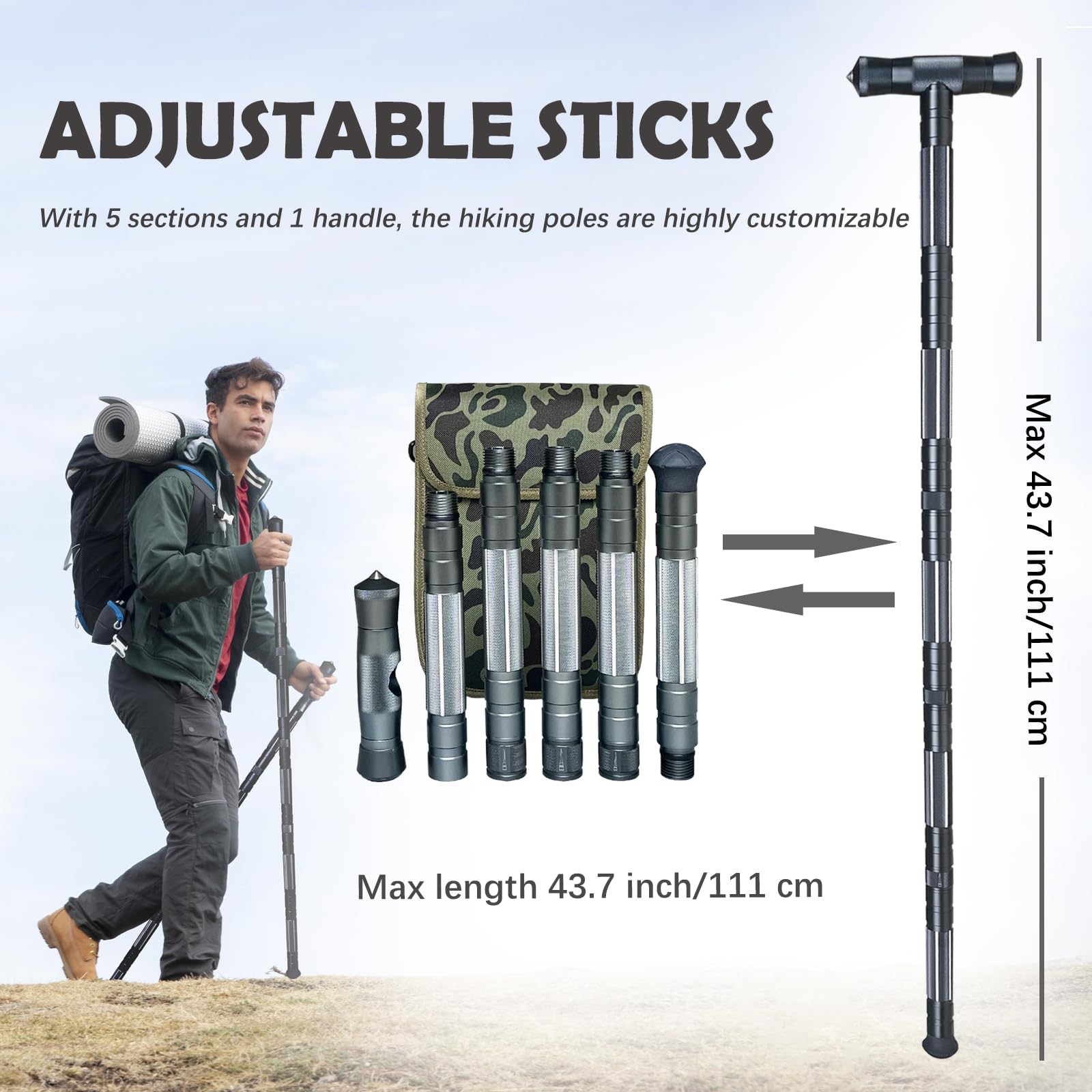 Tactical Hiking Stick - Adjustable Trekking Pole with Multitool for Men & Women | Portable Walking Staff for Outdoor Camping, Hiking & Backpacking | Durable & Lightweight (Gray)