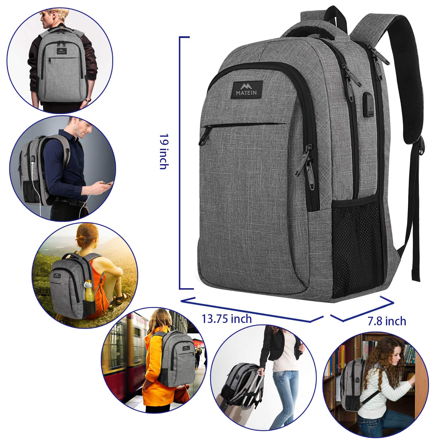 Matein 17 Inch Large Travel Laptop Backpack with USB Charging Port - Water Resistant Anti-Theft Business Backpack for Men & Women - Perfect for Work, College, Commuting & Daily Use - Grey