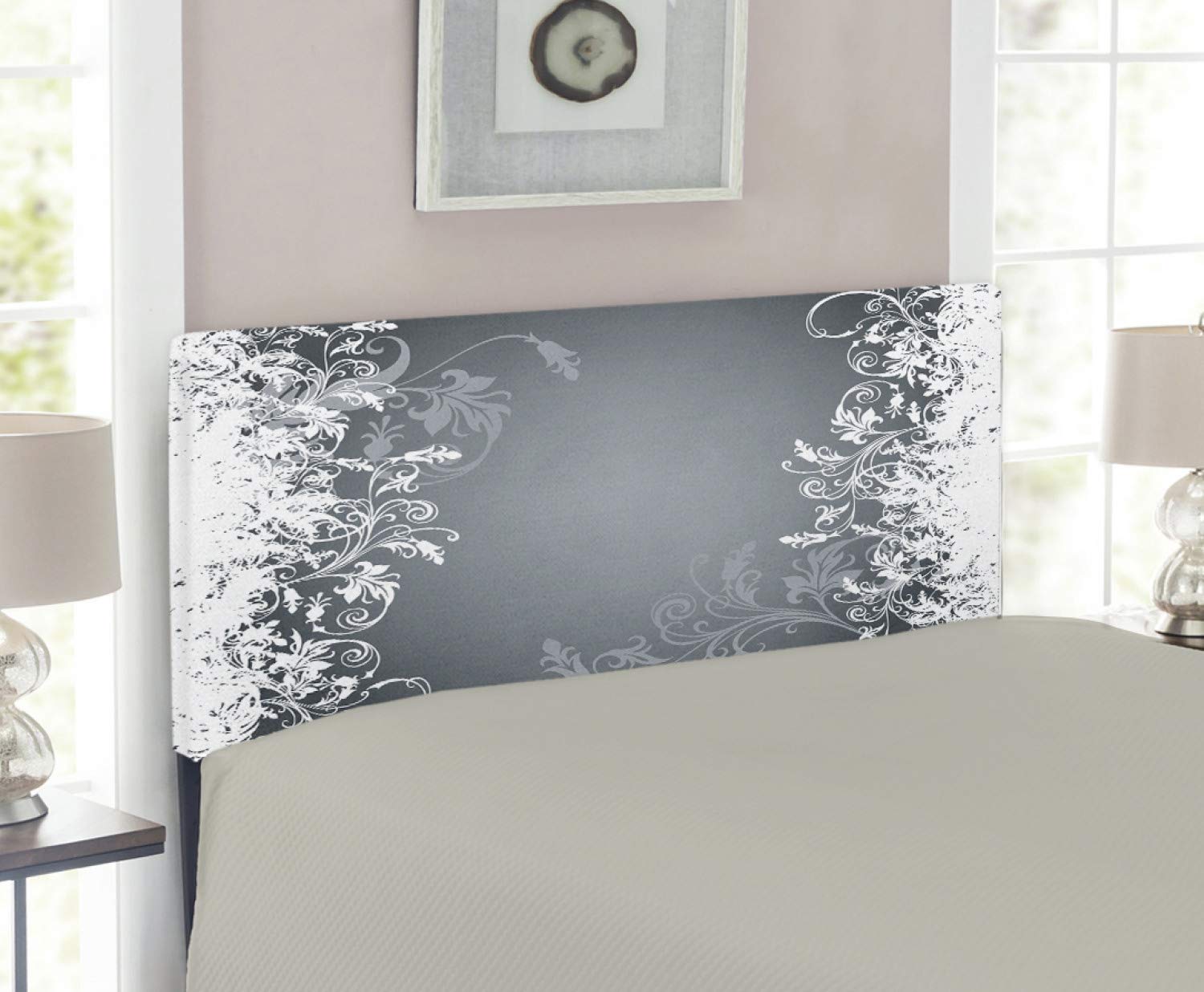 Ambesonne Floral Upholstered Headboard - Twin Size Grey White Memory Foam Bed Headboard with Wildflower Design | Nature Inspired Decorative Metal Headboard for Bedroom Decor | Perfect for Guest Rooms, Dormitories & Cozy Bedroom Makeovers