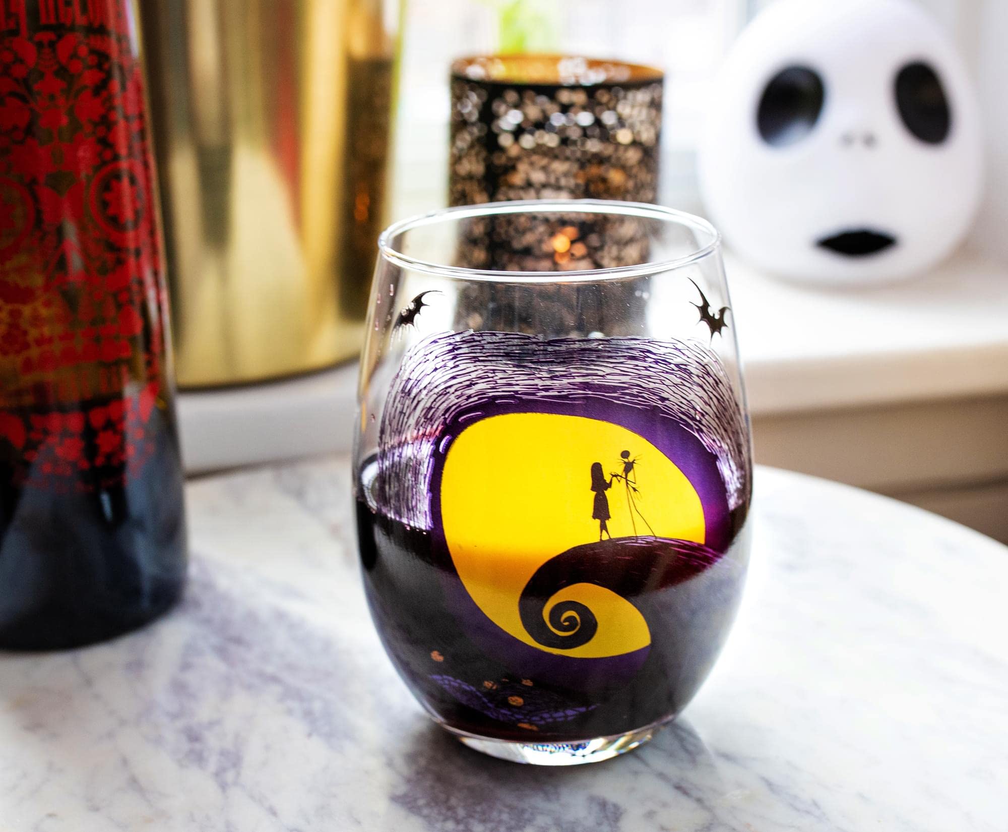 Disney The Nightmare Before Christmas Jack & Sally Spiral Hill Stemless Wine Glass - 20oz Halloween Tumbler for Mimosas, Cocktails & Home Bar Decor - Perfect for Disney Fans, Halloween Parties & Themed Home Accessories