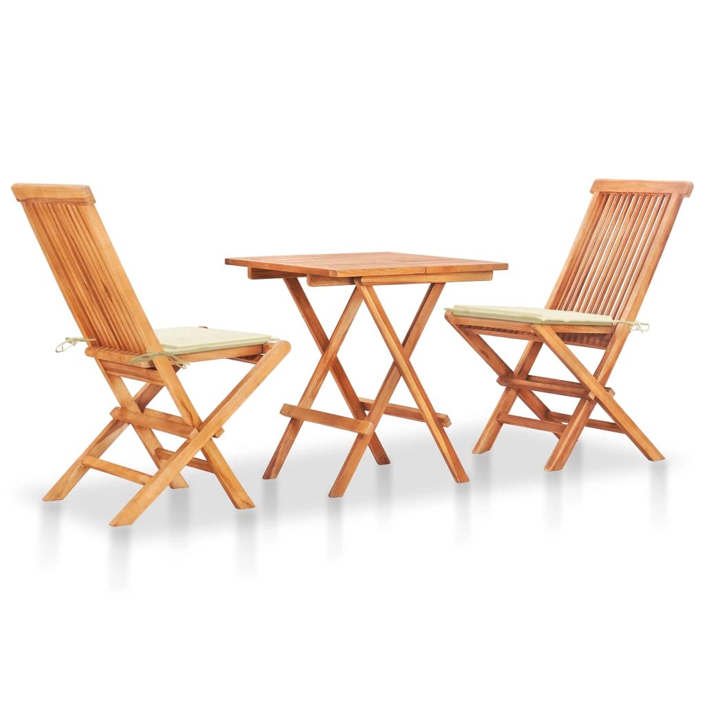 3-Piece Outdoor Patio Bistro Set with Cream Cushions - Solid Teak Wood Patio Furniture for Backyard, Garden & Poolside Dining | Weather-Resistant Conversation Set for Entertaining
