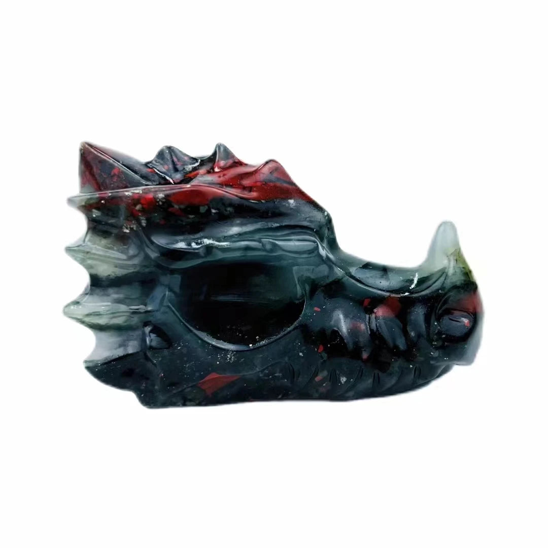 Hand-Carved Natural Crystal Dragon Skull Sculpture - Bloodstone Collectible Art Piece for Home Decor, Office Display & Unique Gift Idea