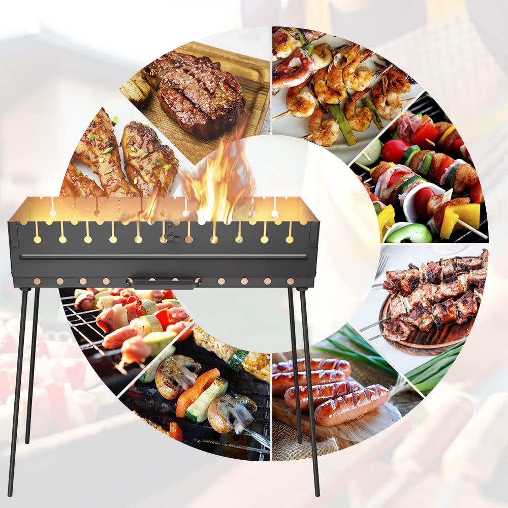 12-Skewer Portable Charcoal Grill - Foldable Metal BBQ Mangal for Shish Kebab, Schaschlik & Outdoor Cooking - Perfect for Camping, Hiking, Picnics & Backyard Barbecues