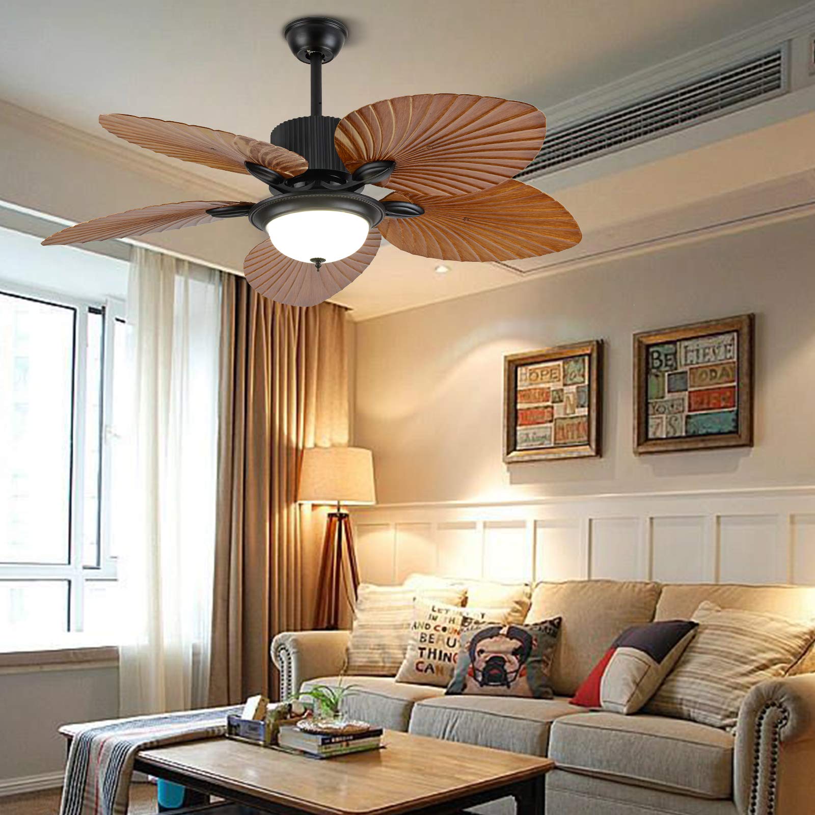 52 Inch Tropical Palm Leaf Ceiling Fan with Light - Remote Control, 5 Blades, Modern Chandelier for Bedroom, Living Room, Patio - Perfect for Coastal, Boho & Tropical Home Decor