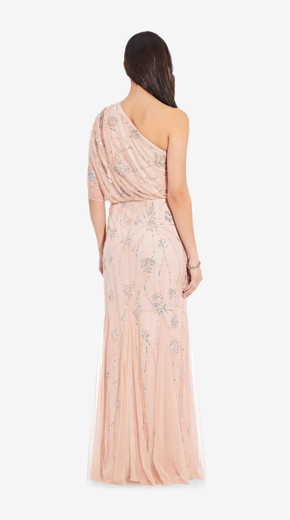 Adrianna Papell One Shoulder Beaded Gown - Elegant Blush Evening Dress for Prom, Wedding & Formal Events