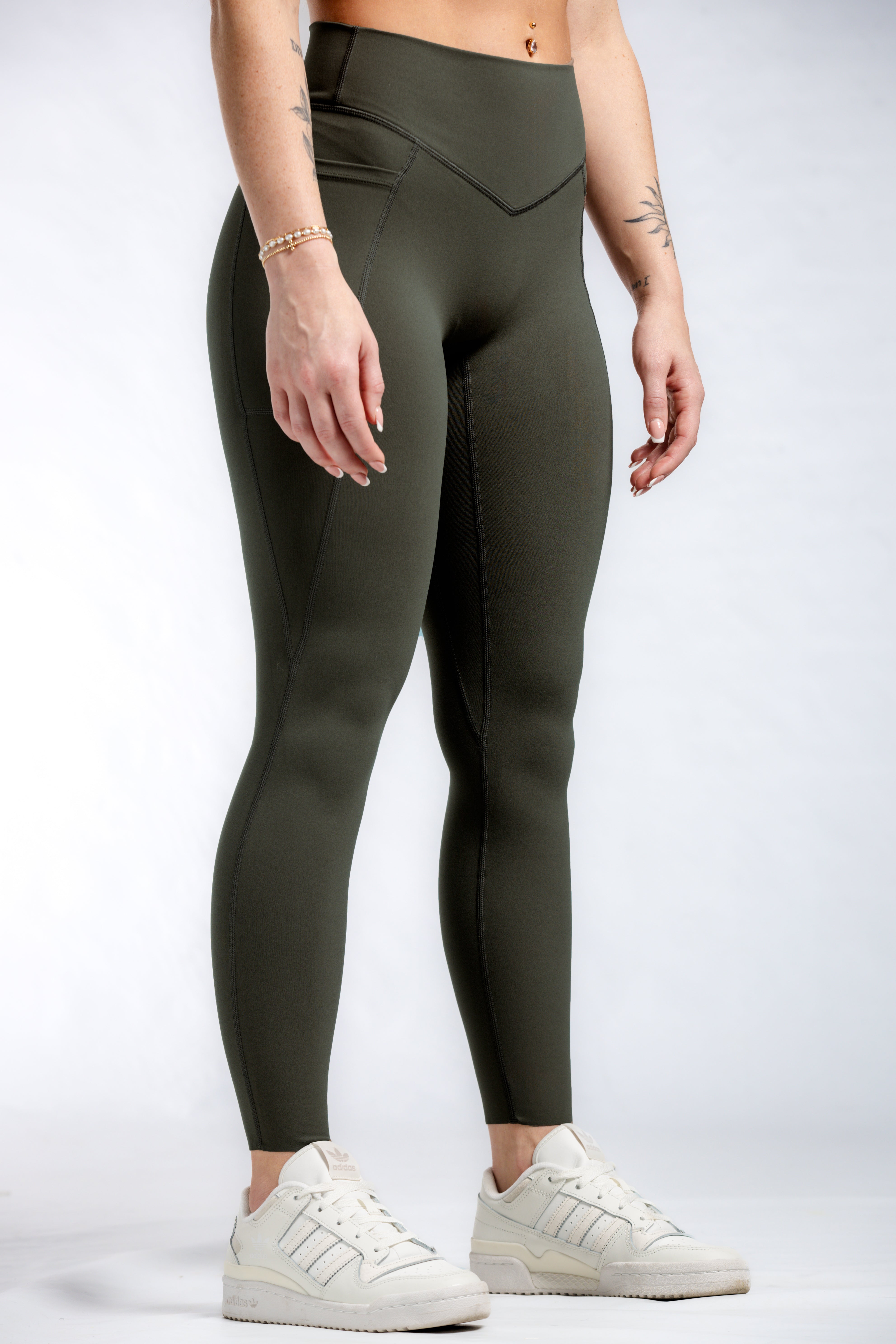 NKD Women's High-Waisted Leggings with Pockets - OD Green Tactical Yoga Pants for Workout, Running & Outdoor Activities