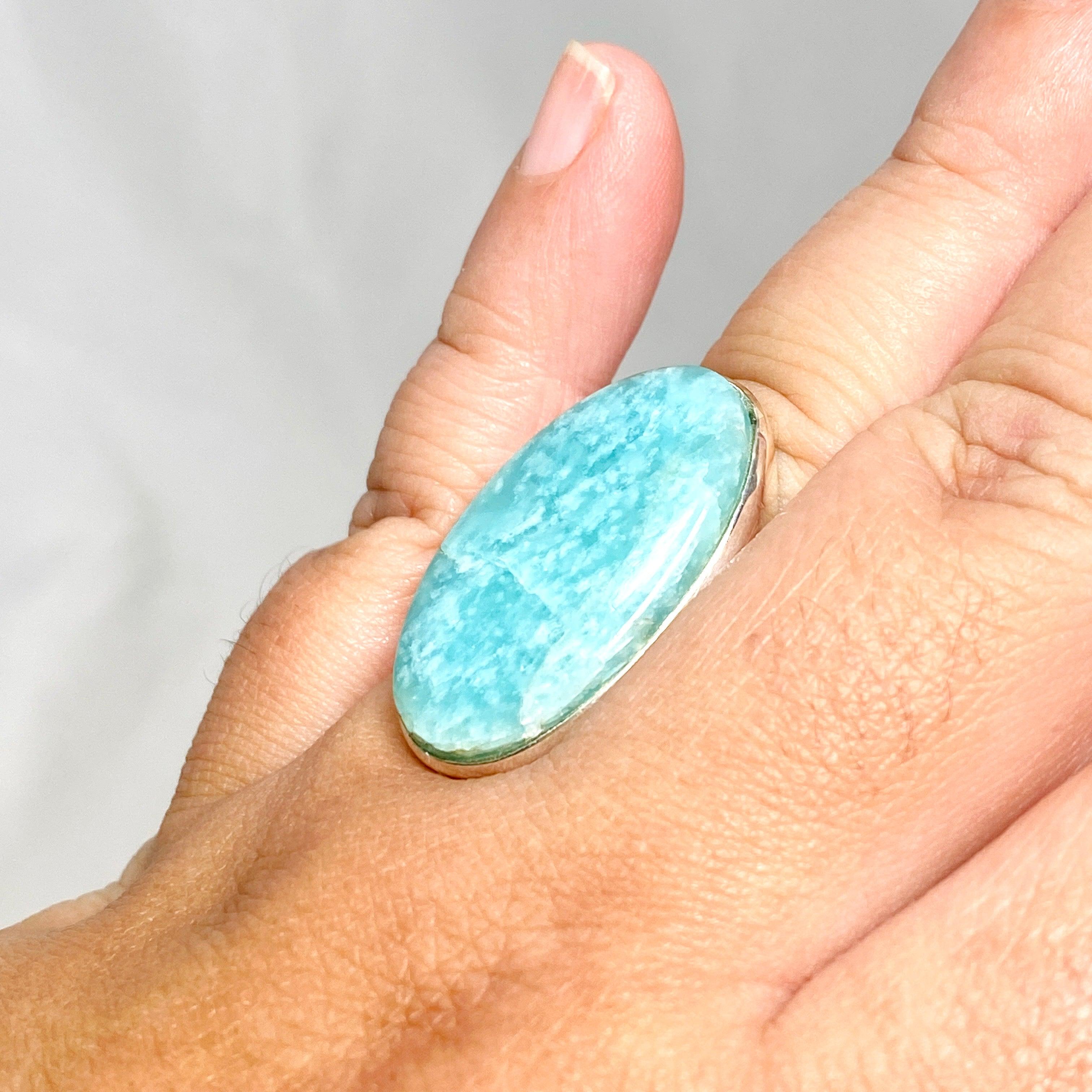 Amazonite Oval Ring Size 11 - Natural Stone Jewelry for Women, Sterling Silver Adjustable Band, Boho Chic Accessory - Perfect for Everyday Wear, Gift Giving & Special Occasions