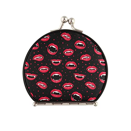 Black Compact Vampire Teeth Lip Design Folding Hand Mirror - Double-Sided with 1x & 2x Magnification, Portable Pocket Makeup Mirror for Women & Kids | Perfect for Halloween Costumes, Cosplay, and Daily Beauty Touch-ups