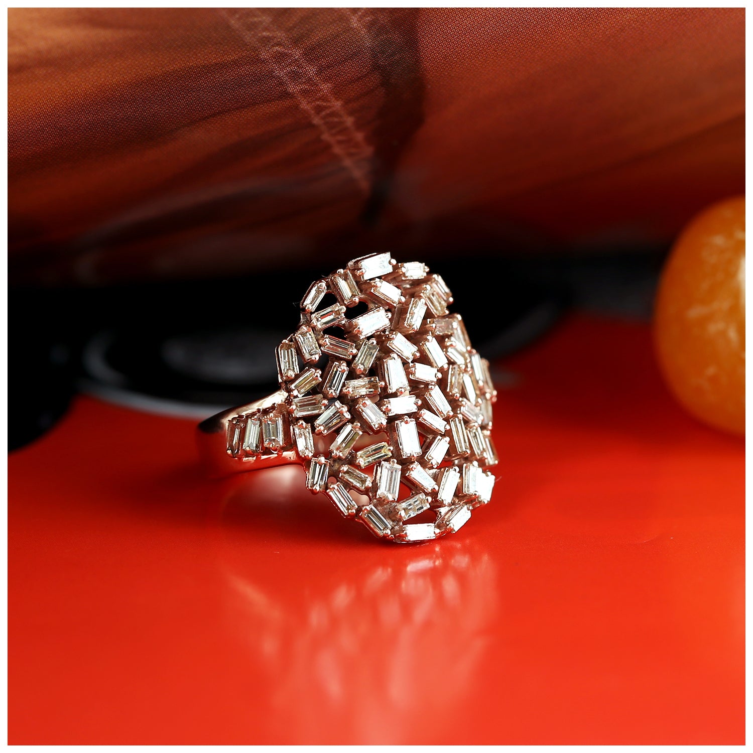 18k Rose Gold Baguette Cut Diamond Long Ring for Women - Elegant Wedding, Engagement & Anniversary Jewelry Gift