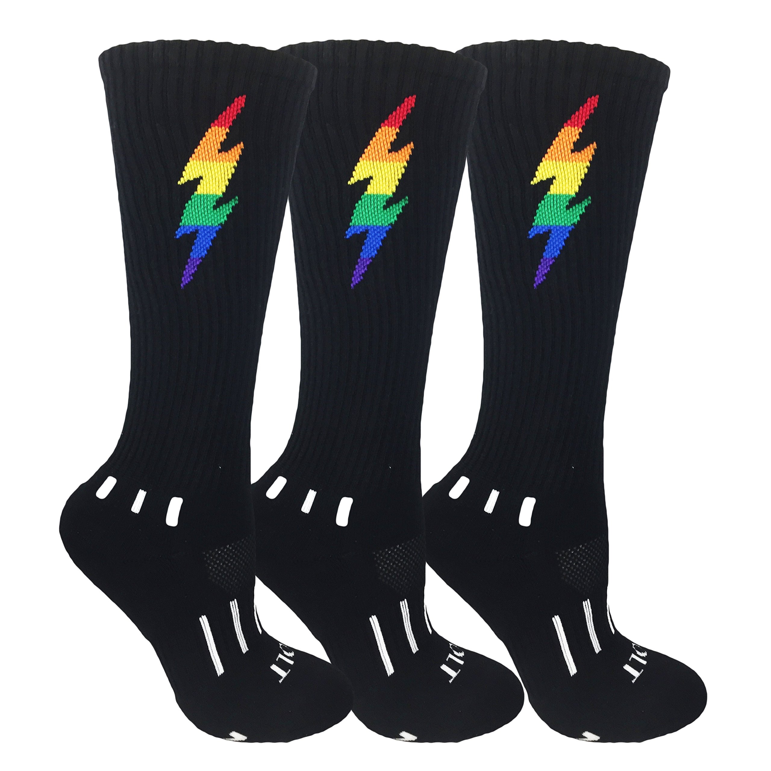 3-Pack Youth Black with Rainbow Knee-High Lightning Soccer Socks - Perfect for Soccer Games, Training & Sports Enthusiasts