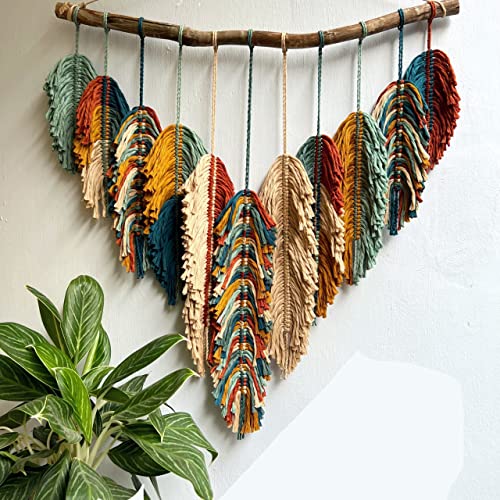 Handmade Macrame Wall Hanging with Leaves & Feathers - Boho Chic Home Decor, Scandinavian Nursery Wall Art, Perfect for Plant Lovers & Christmas Gifts - Ideal for Living Room, Bedroom, or Nursery Decor