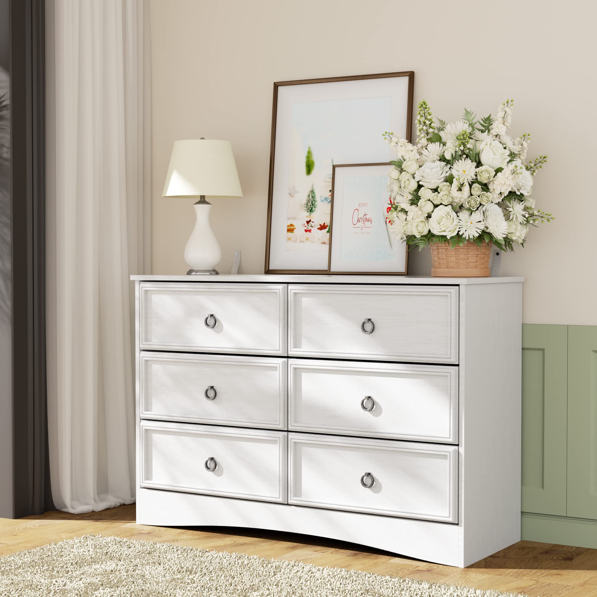 Modern 6-Drawer White Dresser for Bedroom - Wooden Chest of Drawers with Easy-Pull Handles & Textured Borders - Closet Organizer for Clothes Storage - Perfect for Bedroom, Hallway & Home Organization