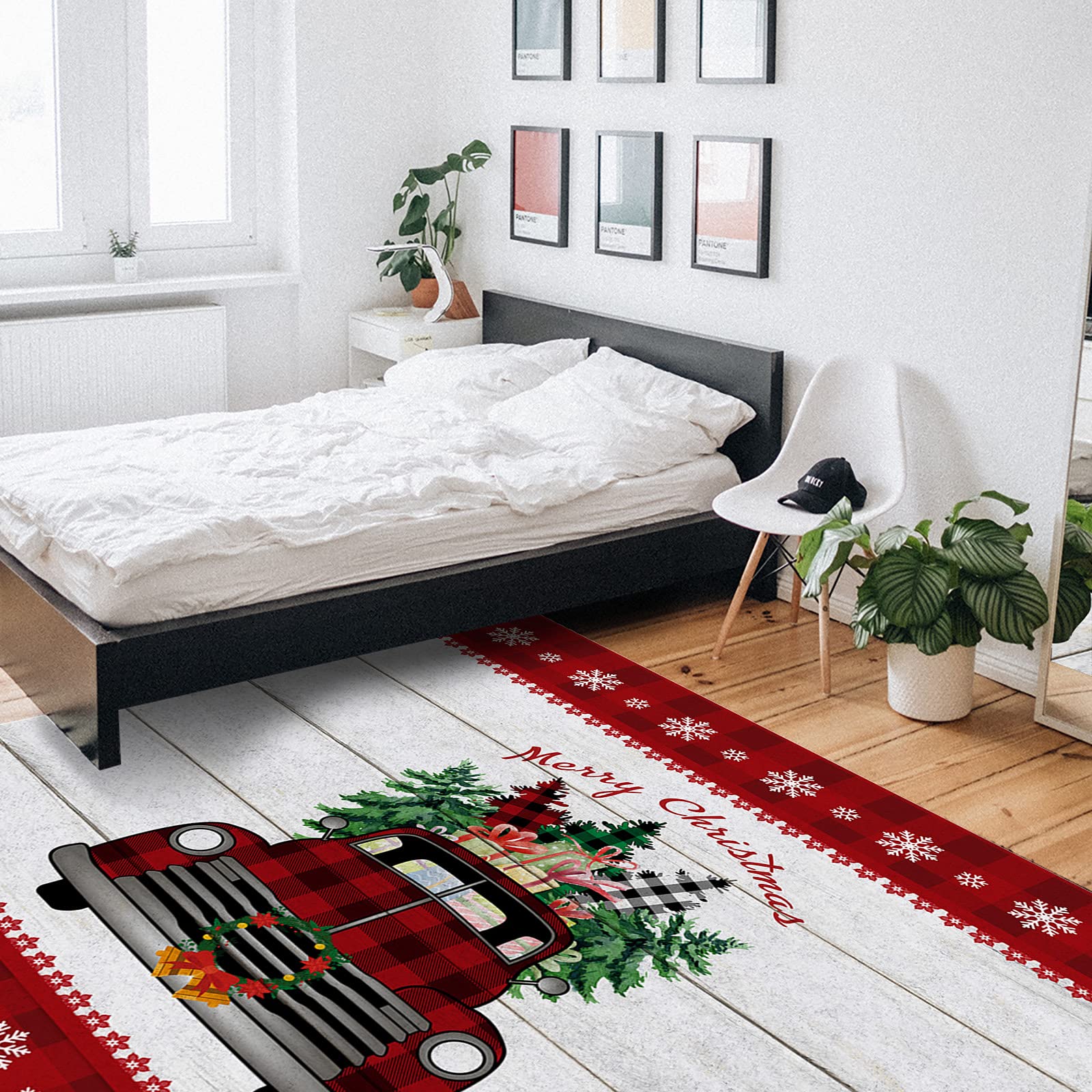 Non-Slip Absorbent Christmas Truck Design 4x6 Feet Area Rug with Red Border & Snowflakes - Soft Floor Mat for Living Room, Bedroom, Kitchen & Entryway | Perfect Holiday Home Decor & Cozy Gift Idea