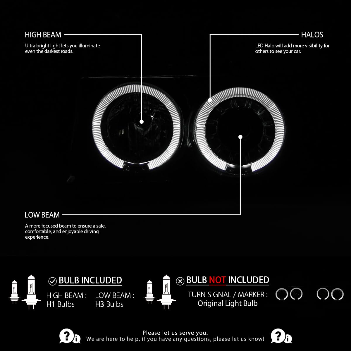 Ford F-150/F-250/F-350 Bronco Headlights 1992-1996 - Black Halo Projector for Off-Road & Night Driving