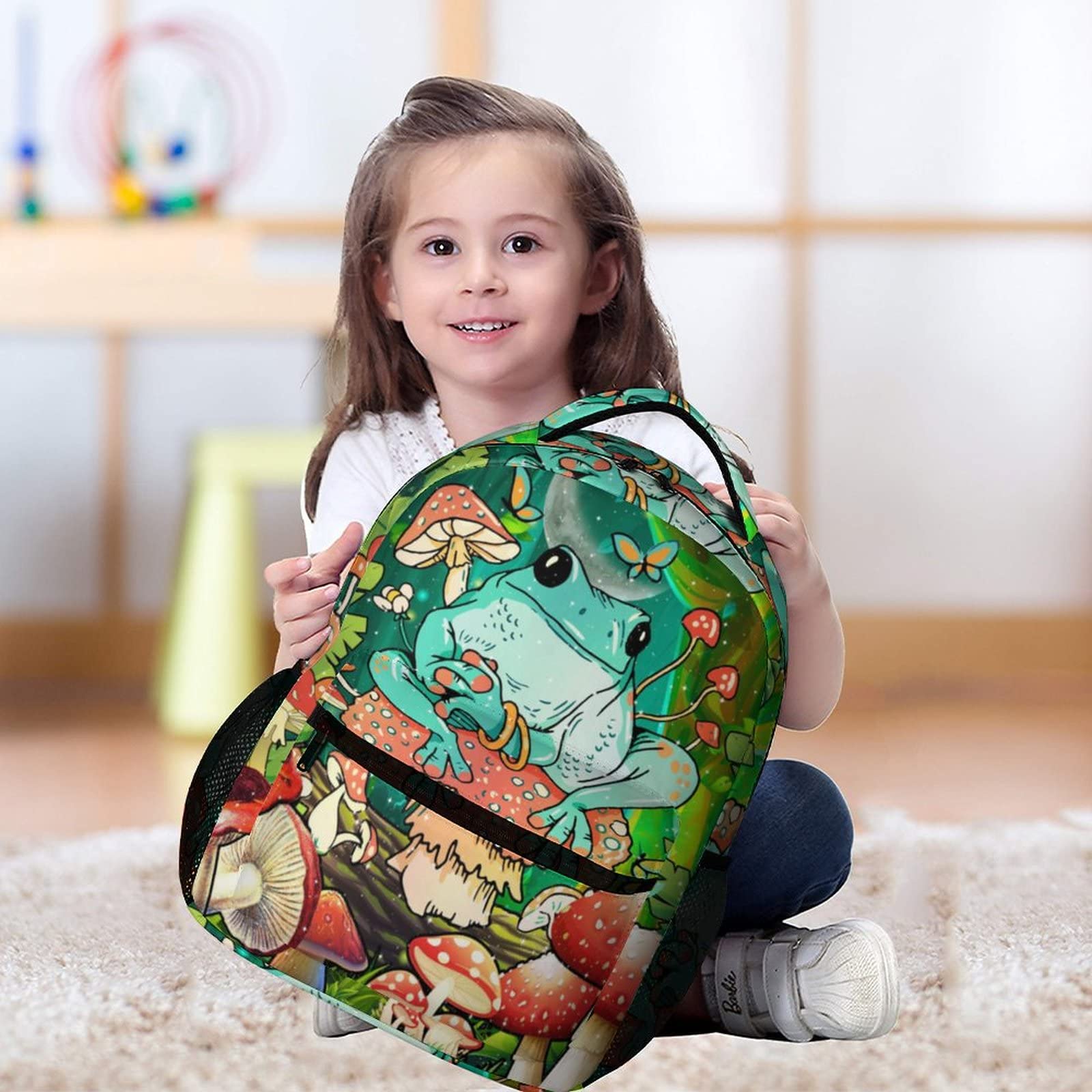 Cute Frog Mushroom Print Backpack for Kids Boys Girls - Durable Polyester School Bag, Stylish Laptop Bookbag for Travel, School & Outdoor Adventures