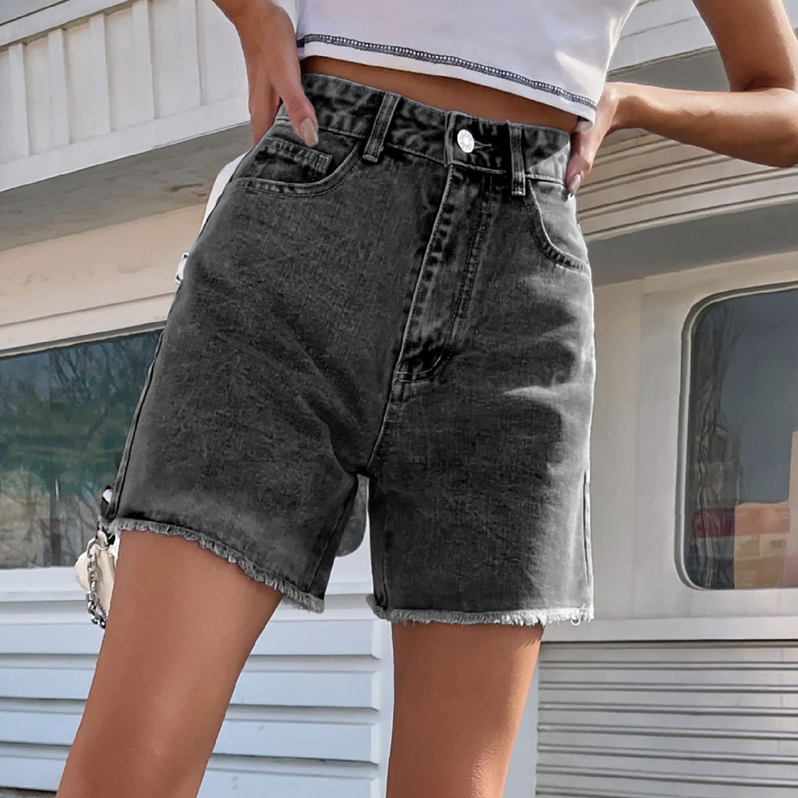 Women's High Waist Ripped Denim Shorts with Pockets - Casual Summer Style