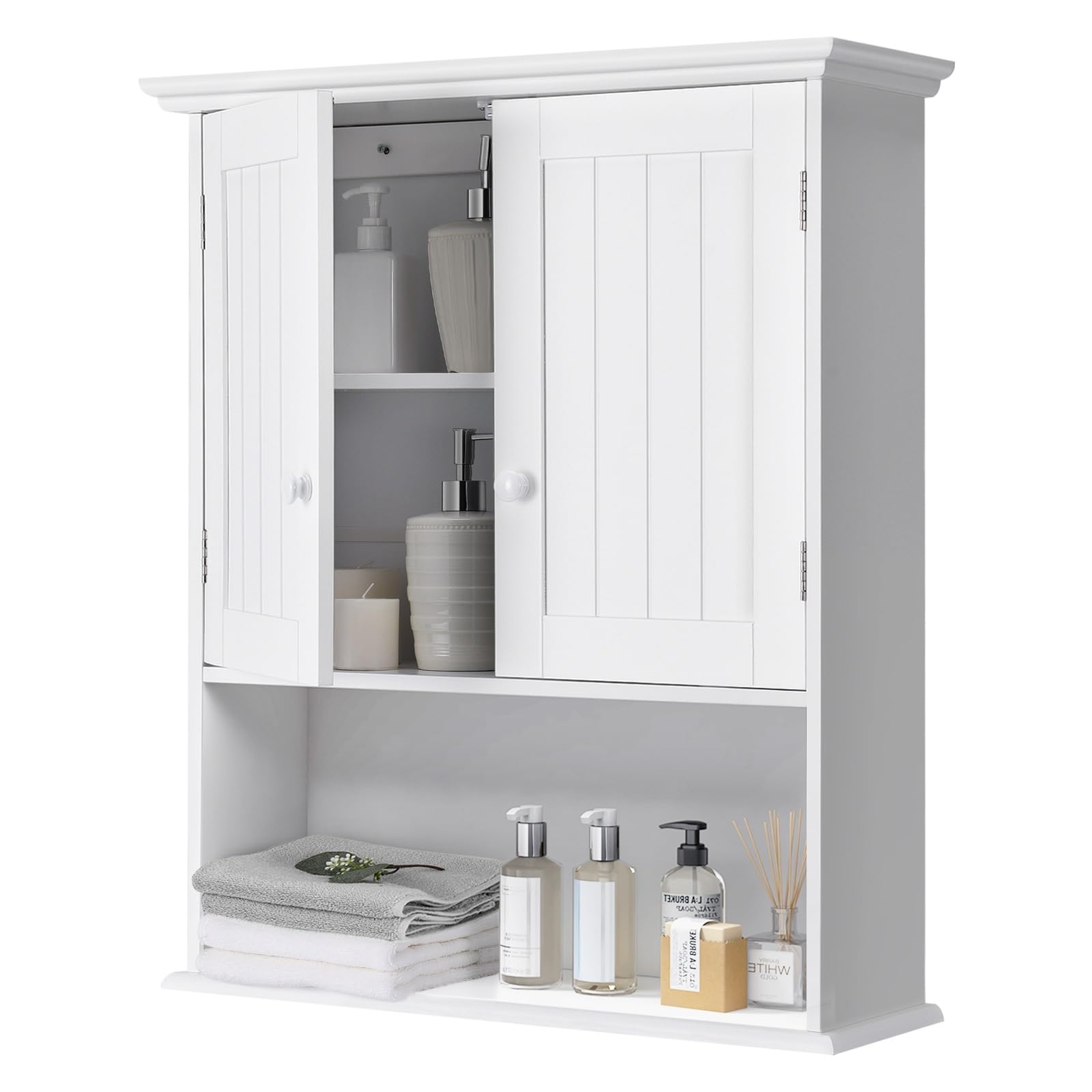 GLACER White Wall Mount Bathroom Medicine Cabinet with Adjustable Shelves & Open Storage - Double Door Bathroom Organizer for Small Spaces, Cottage Style - Perfect for Bathrooms, Vanities & Compact Homes