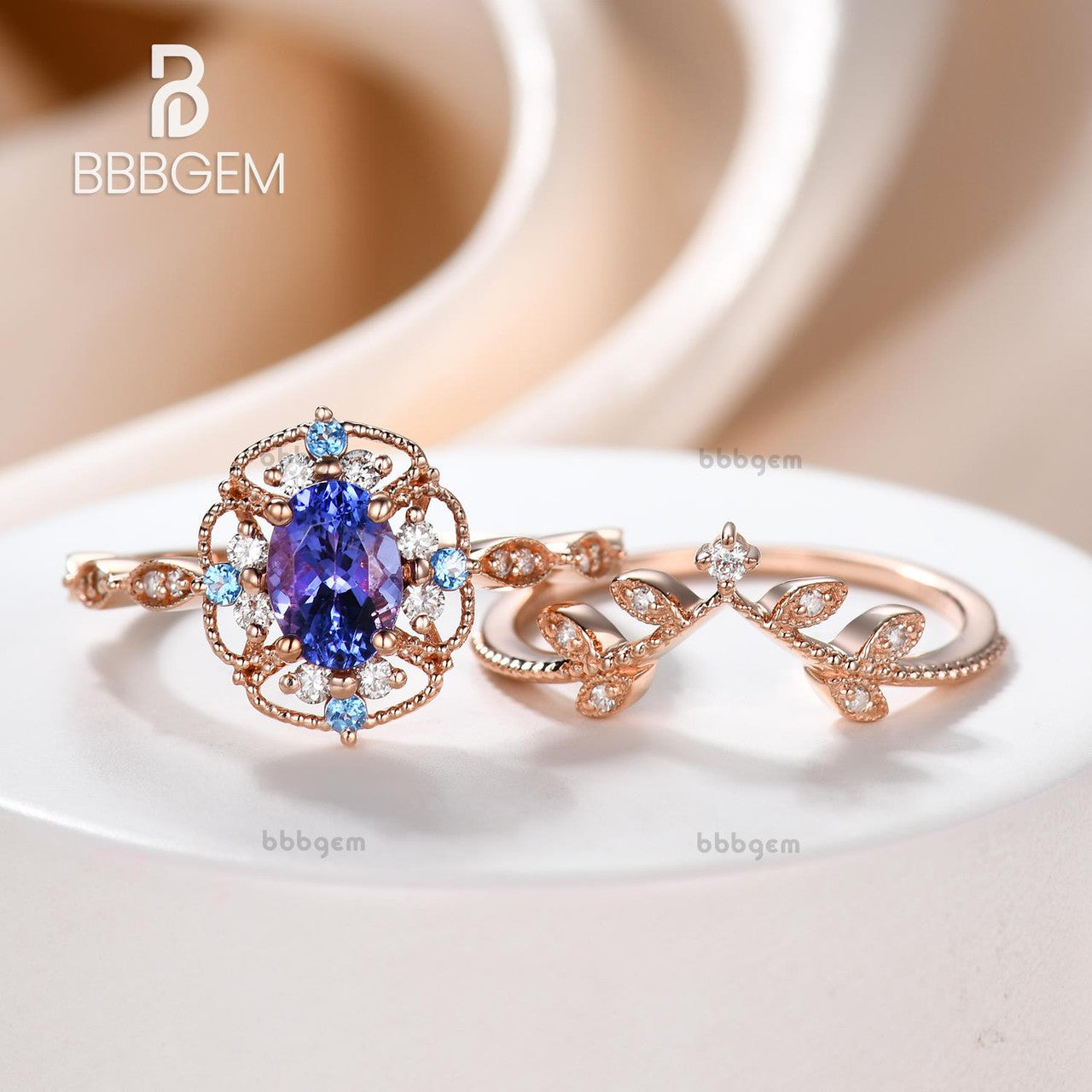 Exquisite Rose Gold Tanzanite Engagement Ring & Art Deco Diamond Wedding Ring Set for Women - Vintage Bridal Jewelry, Anniversary Gift, Proposal Present