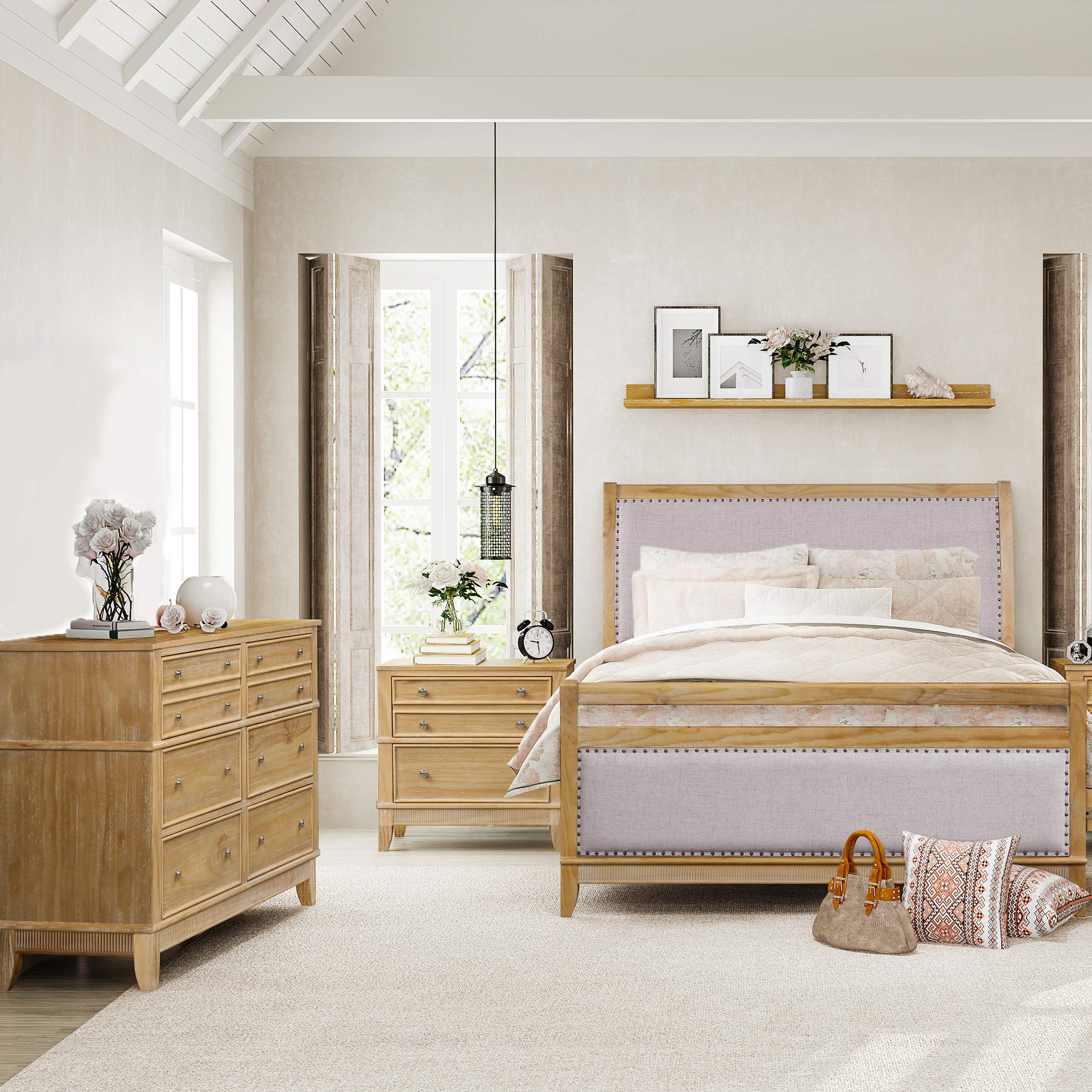 Familymill 3-Piece Upholstered Queen Bedroom Set with Pinewood Frame - Storage Bed, Nightstand & Dresser for Cozy Master Bedroom Decor