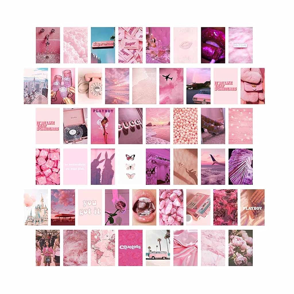 50Pcs Pink Aesthetic Wall Collage Prints Kit - Warm Color Room Decor for Girls, Dorm Wall Art, Bedroom Posters | Perfect for Teen Room, Aesthetic Bedroom Makeover & Instagram Photo Backdrop