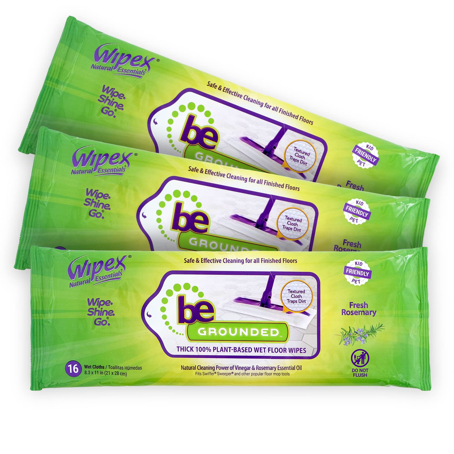 Wipex Natural Wet Floor Cleaning Wipes for Swiffer Sweeper - Plant-Based Textured Cloth with Rosemary Oil & Vinegar, Absorbs Dirt & Grime, 16 Count (Pack of 3) - Perfect for Hardwood, Tile & Laminate Floors