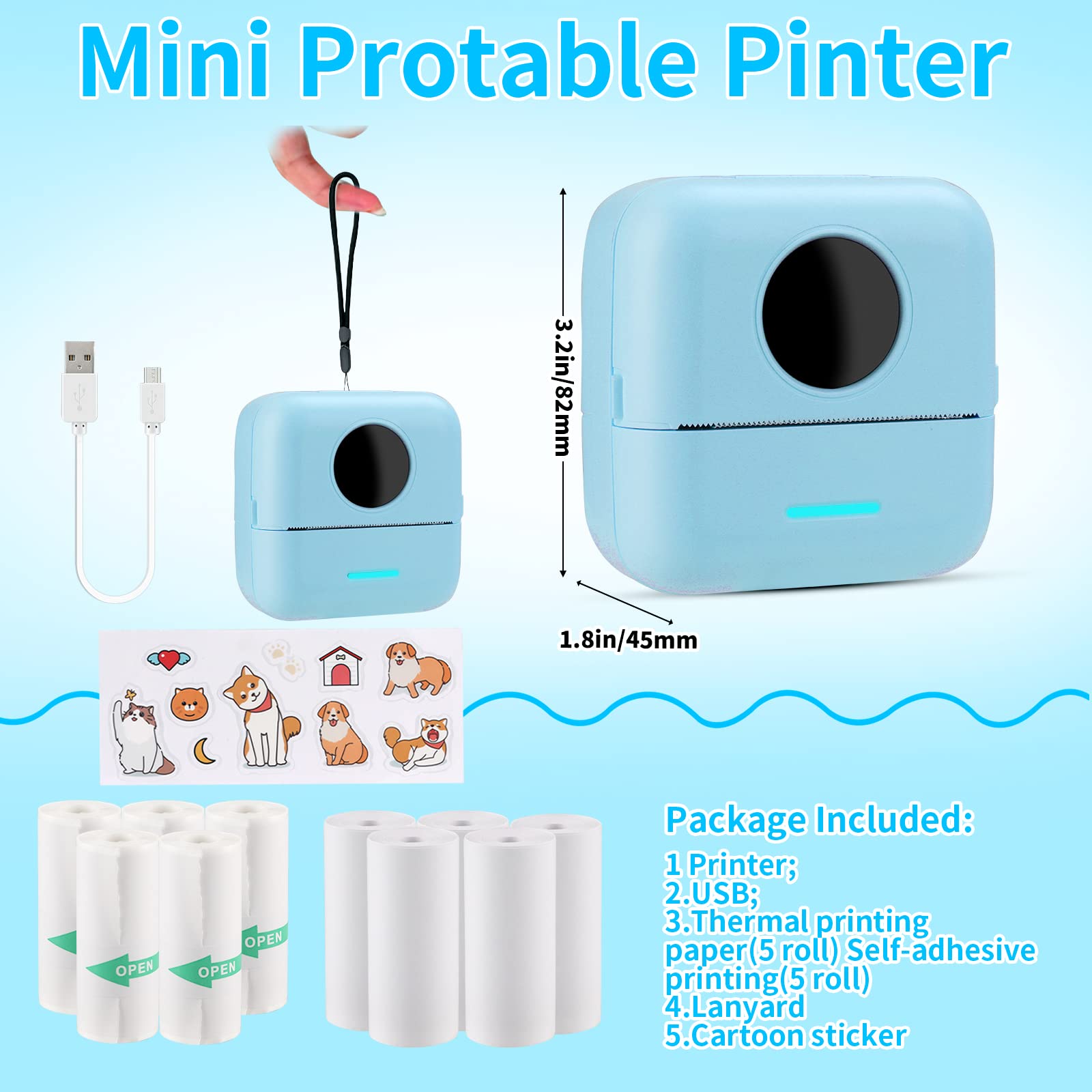 HuiJuKeJi Mini Sticker Printer - Bluetooth Smart Pocket Thermal Printer for iOS & Android | Inkless Printing with 11 Rolls Thermal Paper | Portable for Receipts, Photos, Journals, Notes & Memos | Perfect for Home, Office & Travel Use