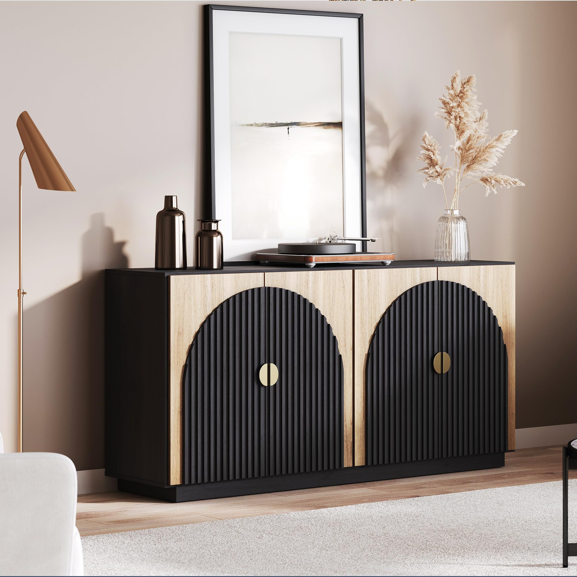 BELLEZE 65 Inch Fluted Buffet Cabinet with Storage - Symmetrical Arc Accent Sideboard, Large Console Table for Dining Room, Kitchen & Living Room - Modern Home Furniture for Entertaining & Organization (Camel)