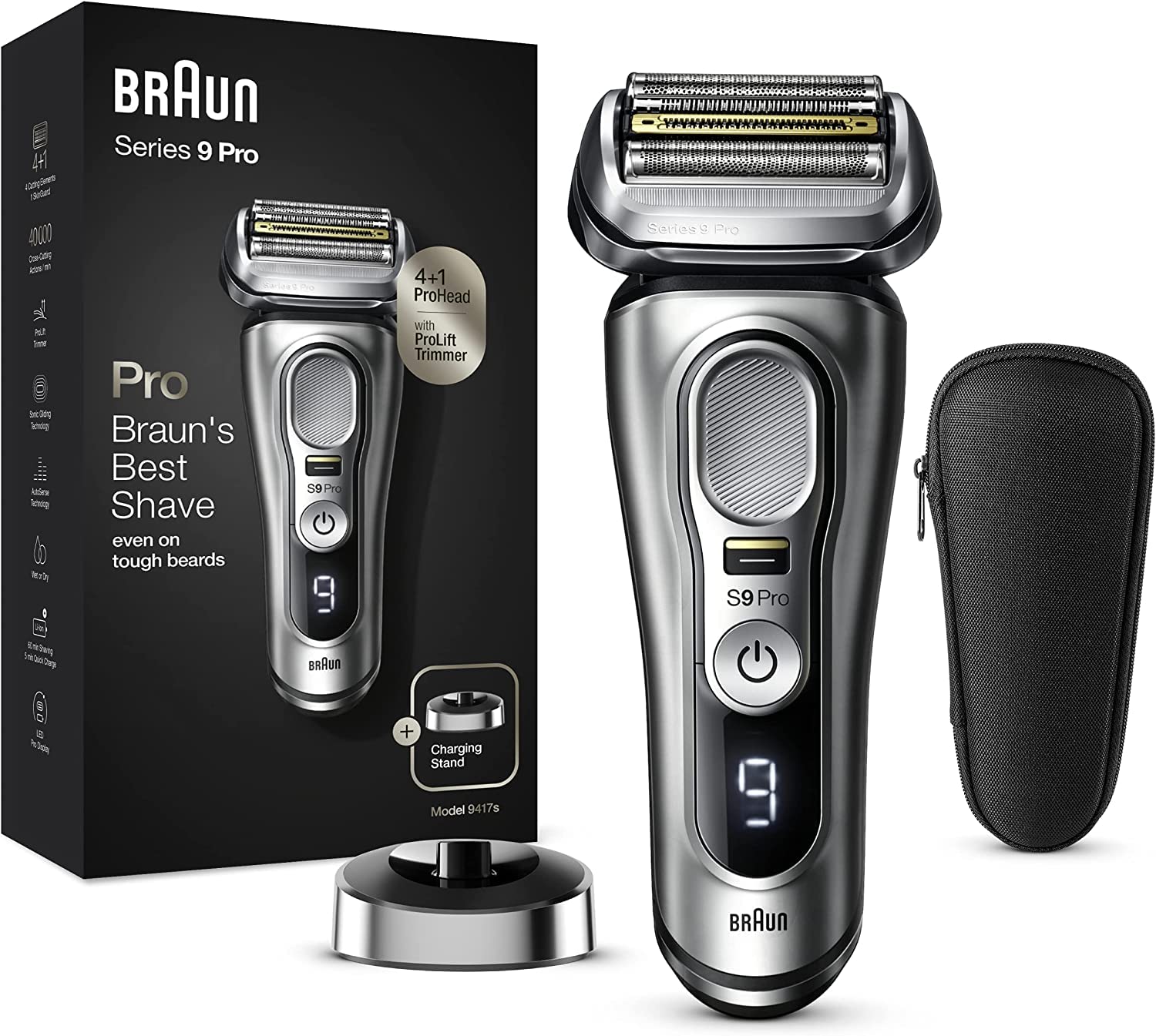 Braun Series 9 Pro Electric Shaver for Men - 4+1 Shaving Head with ProLift Trimmer, Charging Stand & Travel Case - 94M Replacement Head Included - Silver - Perfect for Travel, Business & Daily Grooming