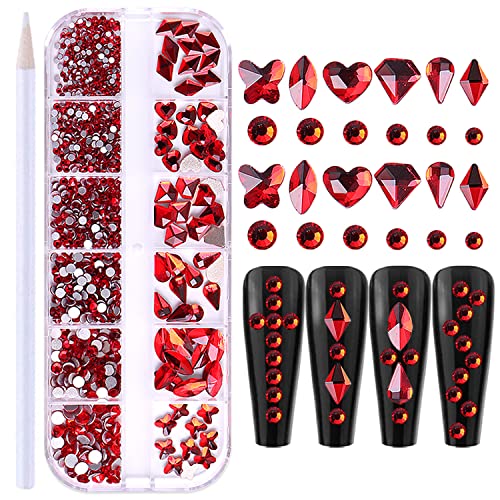 WOKOTO Flat Back Red Rhinestones for Nails - Large Nail Crystals, Gems & Stones for Nail Art | Perfect for DIY Manicures, Salon Designs, and Special Occasion Nail Decorations