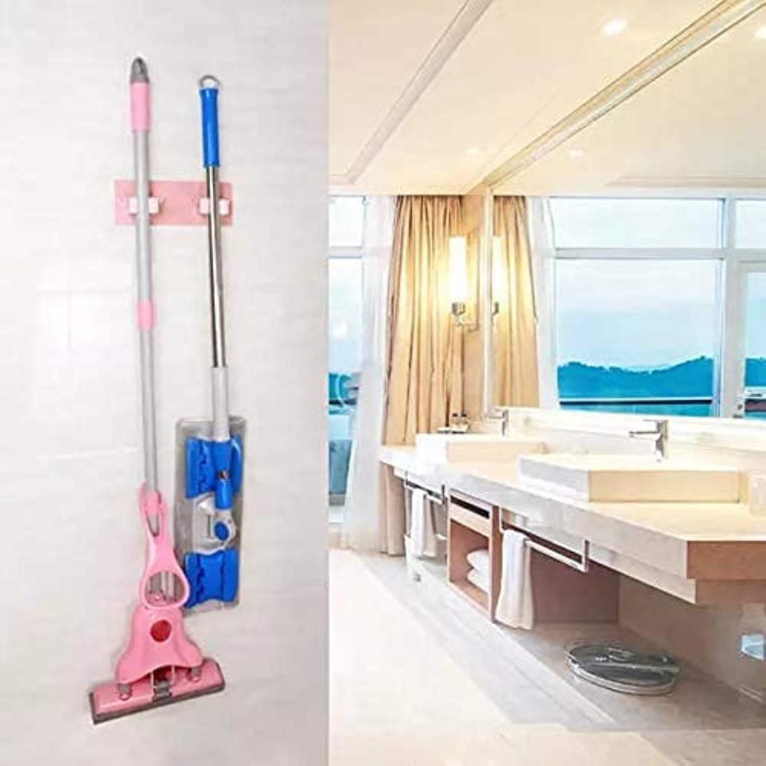 Scoovi™ Wall Mounted Mop and Broom Holder - 2 Slot Position with 2 Hooks, Multipurpose Organizer for Kitchen, Garden, Garage & Bathroom Storage - Space Saving Magic Holder for Brooms, Mops & Cleaning Tools