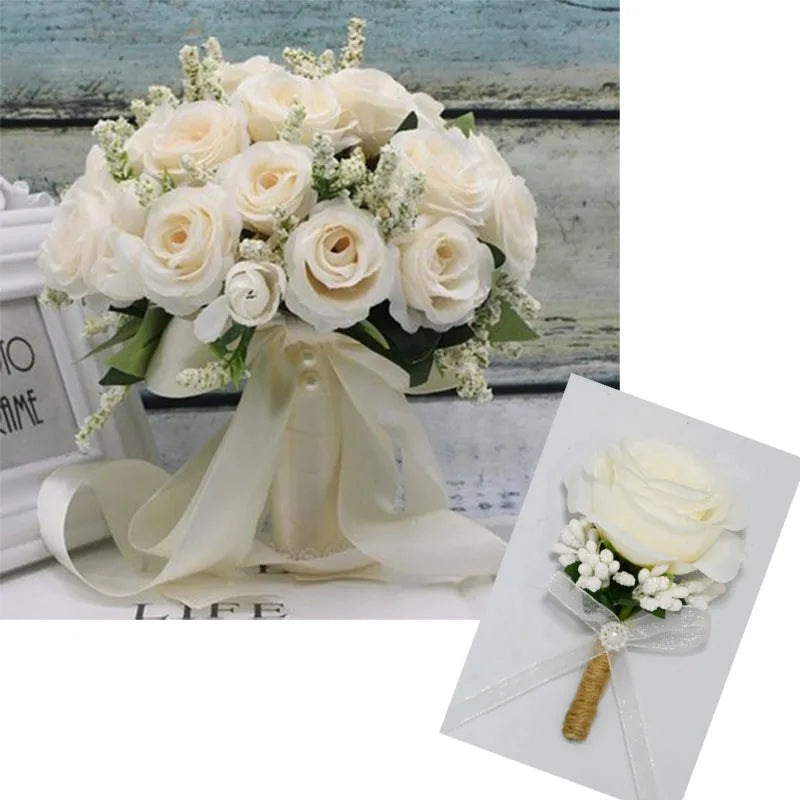 Artificial Silk Rose Wedding Bouquet with Satin Ribbon - Elegant Bridal Bouquet for Wedding, Bridal Shower, Anniversary & Home Decor