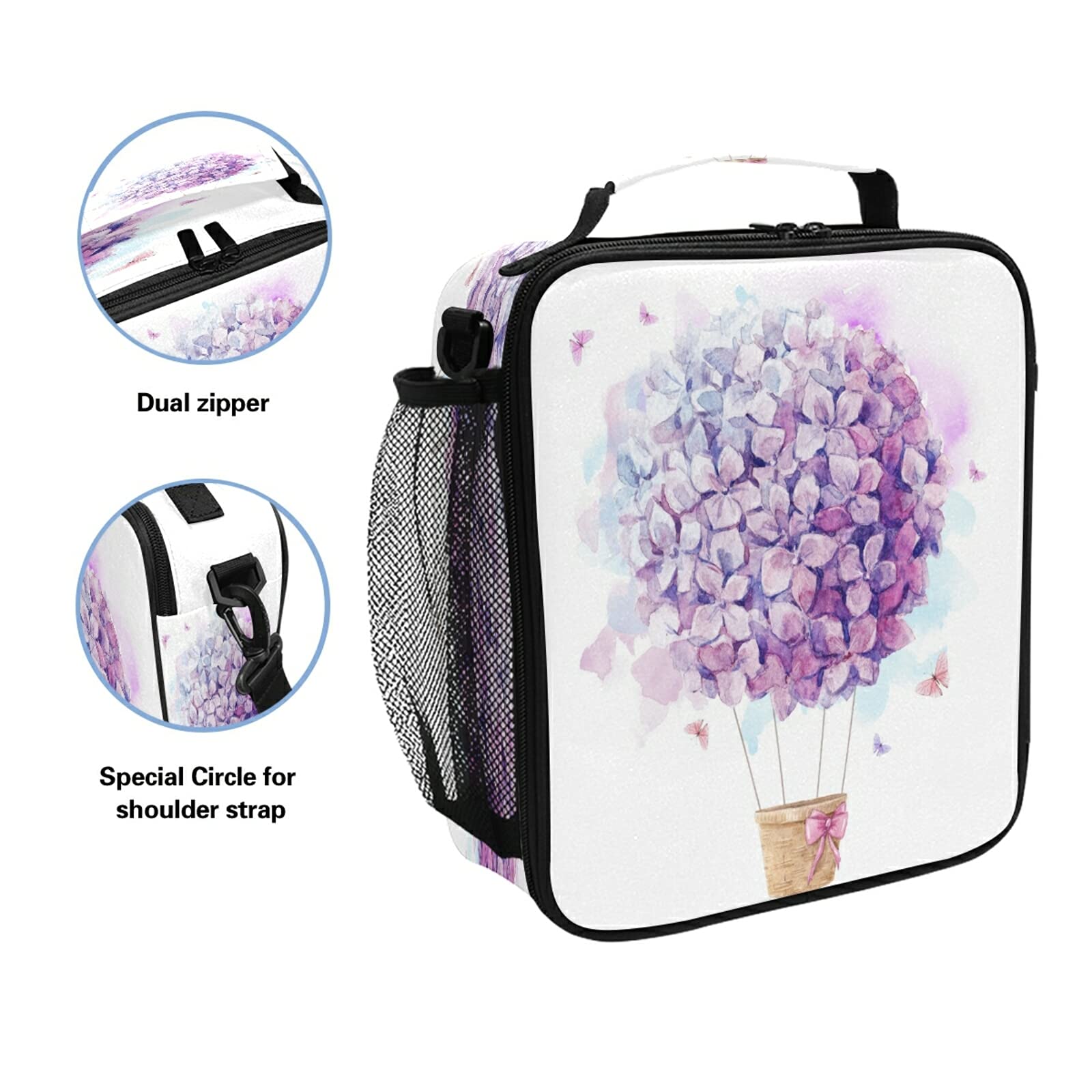 **Purple Balloon Hydrangea Insulated Lunch Bag for Women & Teens - Leakproof Cooler Tote with Shoulder Strap - Perfect for School, Office, Work, Picnics & Outdoor Meals**