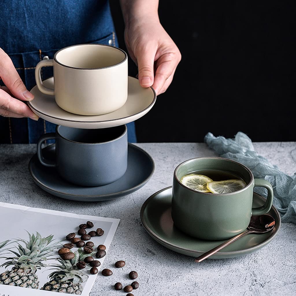 Premium Ceramic Coffee Mug and Saucer Set - 230ml (7.8 Oz) Tea Cup with Spoon - Durable Dishwasher Safe Cups for Home, Office or Gift - Classic One Color Design for Coffee, Tea & Hot Beverages