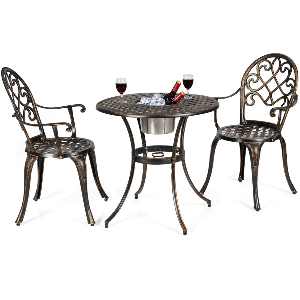 Giantex 3-Piece Outdoor Bistro Set - Cast Aluminum Round Patio Table with Removable Ice Bucket & 2 Chairs - Antique Bronze Weather-Resistant Garden Furniture for Backyard, Poolside & Balcony Relaxation