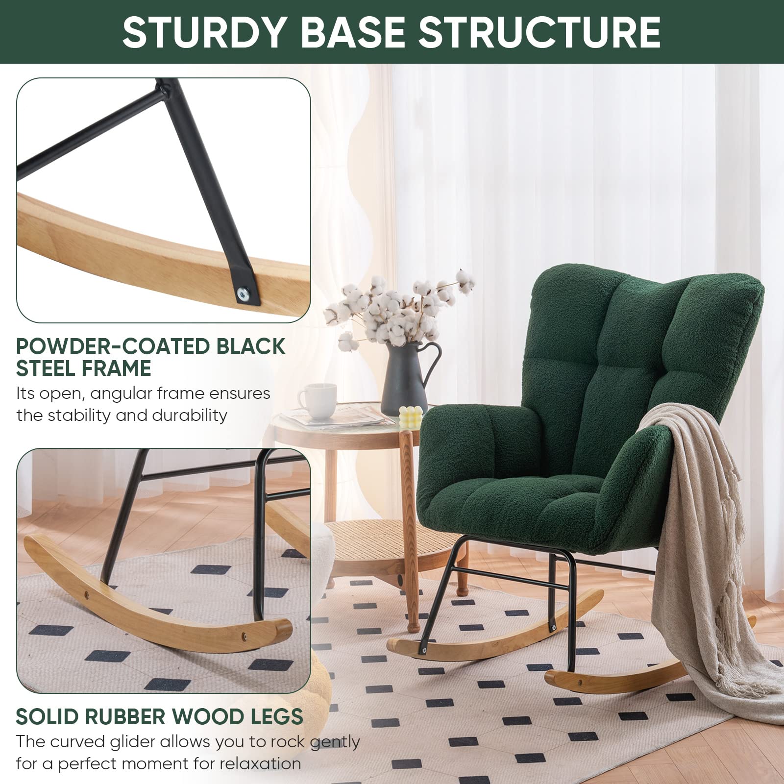 KINFFICT Nursery Rocking Chair - Teddy Velvet Upholstered Glider Rocker with High Backrest, Mid Century Modern Armchair for Living Room, Bedroom & Office | Comfortable Accent Chair for Nursing, Reading & Relaxing
