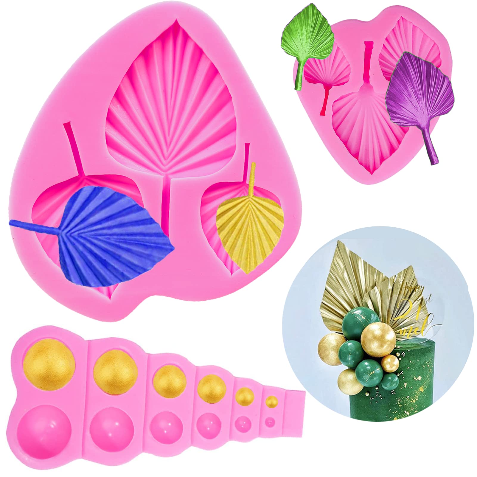 3 Pack Fan Leaf Silicone Mold Set - 3D Pearl Fondant Mold, Palm Leaf Chocolate Mold, Semi Sphere Baking Mold for Cake Decorating, Candy Making & DIY Desserts - Perfect for Weddings, Birthdays & Holiday Treats