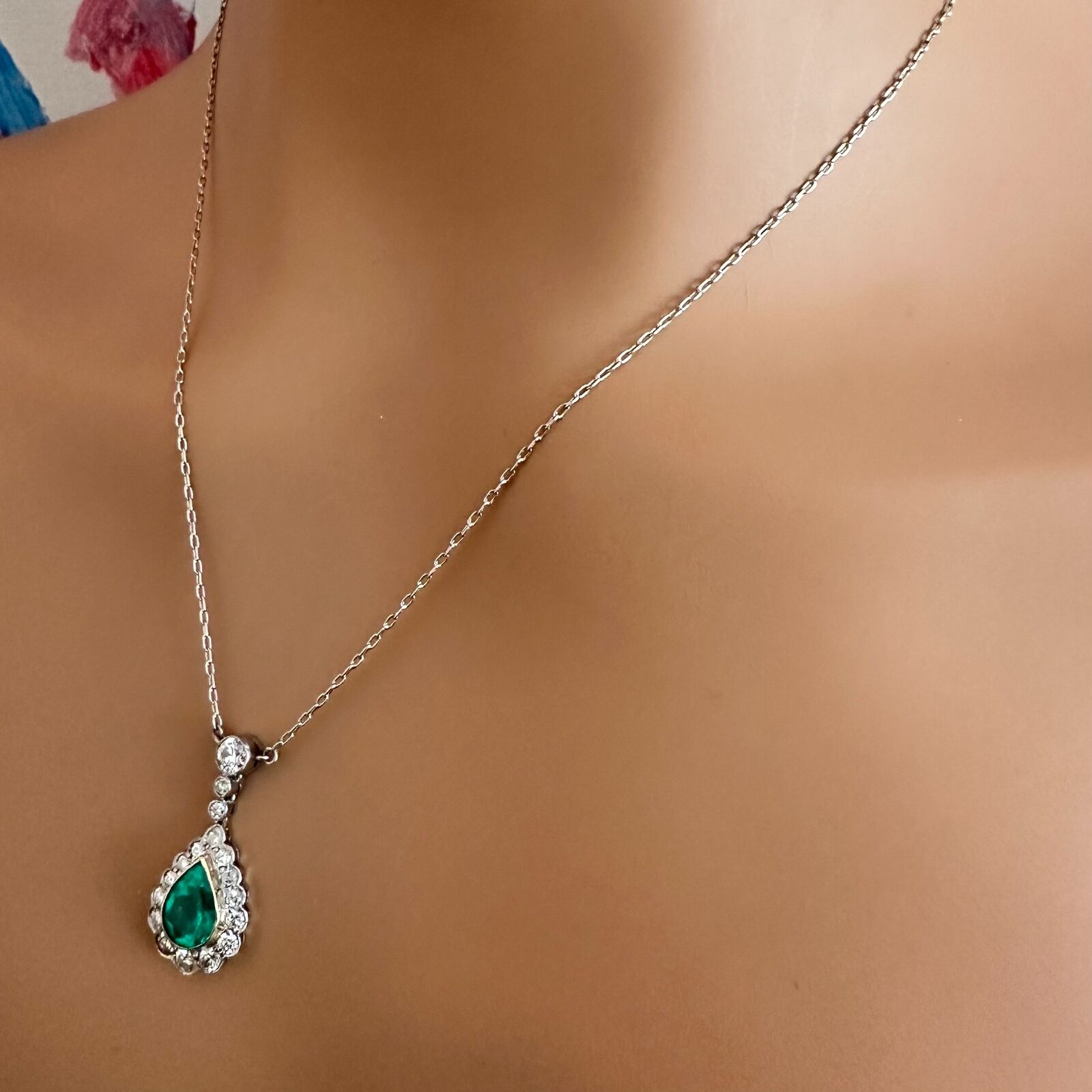 Vintage Platinum Diamond Emerald Earrings and Necklace Set - Elegant Estate Jewelry for Weddings, Anniversaries & Special Occasions