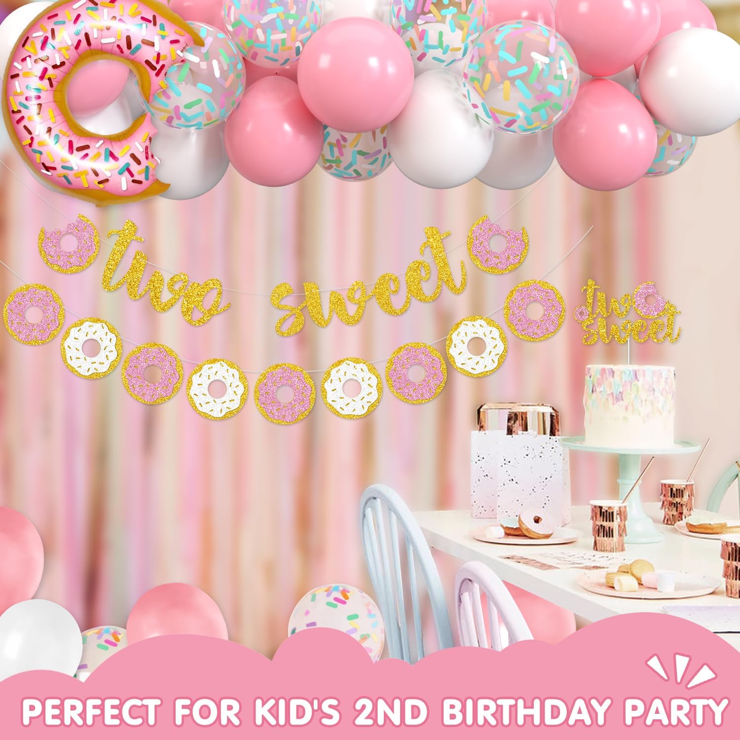 Levfla Sweet Donut Party Decorations - Glitter Doughnut Banner, Cake Topper & Balloons for Baby's 2nd Birthday, Kids Party Favors & Supplies | Perfect for Birthday Cakes, Dessert Tables & Photo Backdrops