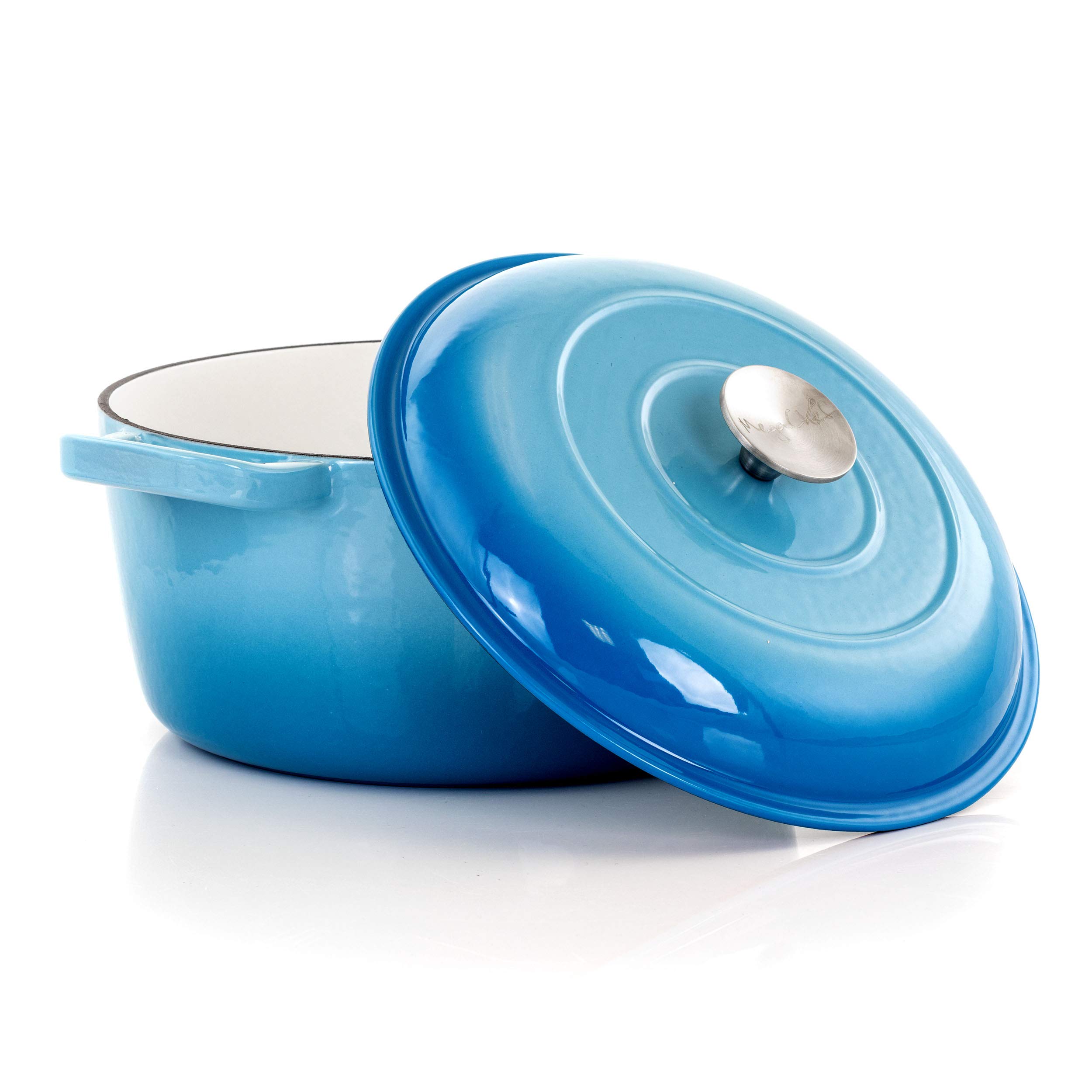 MegaChef 5 Quart Round Enamel Cast Iron Dutch Oven with Lid - Blue Casserole Pot for Baking, Braising & Slow Cooking - Perfect for Soups, Stews & Family Dinners