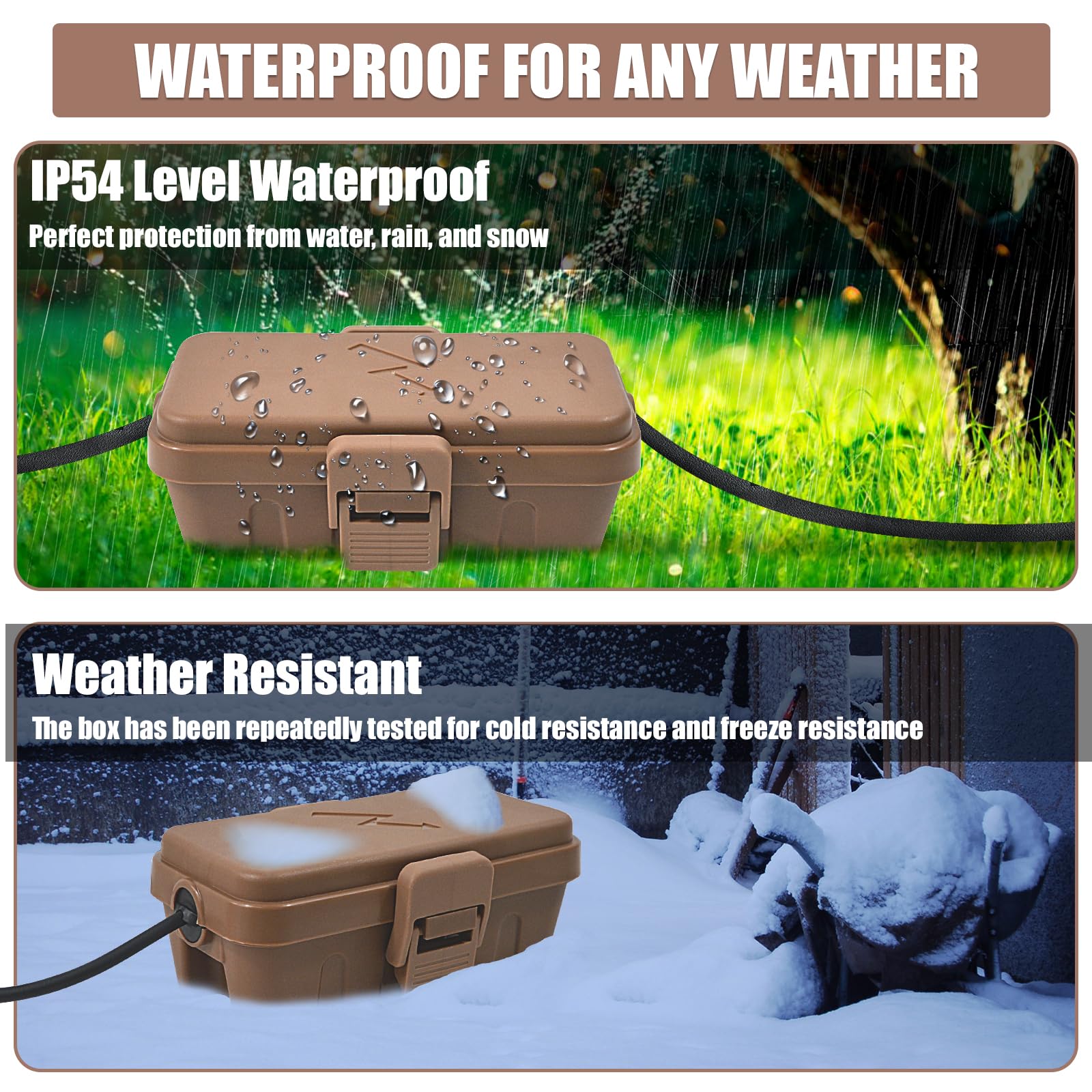 Weatherproof Outdoor Electrical Junction Box - Waterproof Electric Enclosure for Extension Cords, Timers & Holiday Lights - Durable Brown Protective Housing for Garden, Patio & Outdoor Decorations