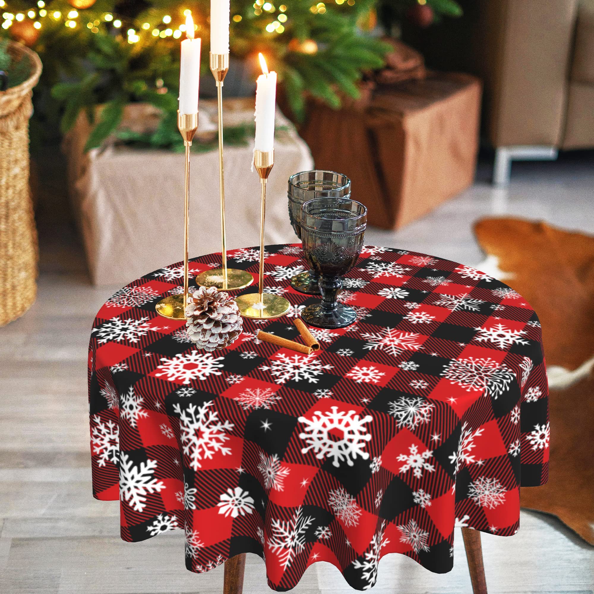 SuQKXCo 60 Inch Christmas Round Tablecloth - Buffalo Plaid Snowflake Design | Waterproof, Wrinkle-Resistant & Easy to Clean | Perfect for Holiday Kitchen Decor, Dining Room & Festive Home Decoration
