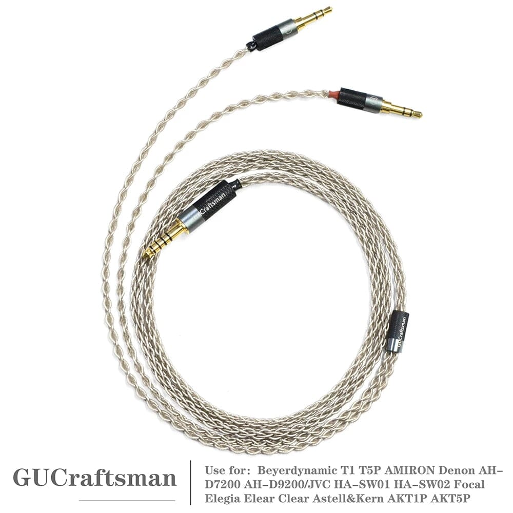 Premium GUCraftsman 6N Single Crystal Silver Upgrade Cable for Beyerdynamic T1/T5 2nd Gen, Amiron, Focal Elear/Elegia, Denon AH-D9200 Headphones - Audiophile-Grade Sound Enhancement for Home Studio & Critical Listening
