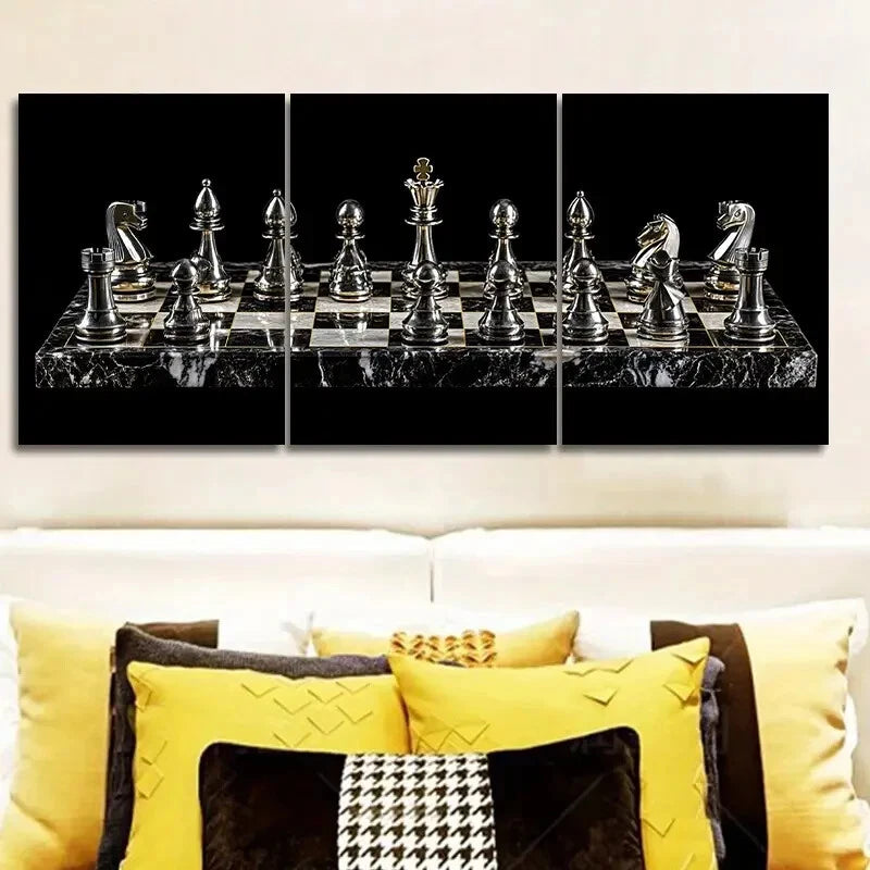 3-Piece Silver Chess Board Set with Metal Chess Pieces - Ready to Hang Wall Art for Game Room, Office Decor & Gift for Chess Lovers