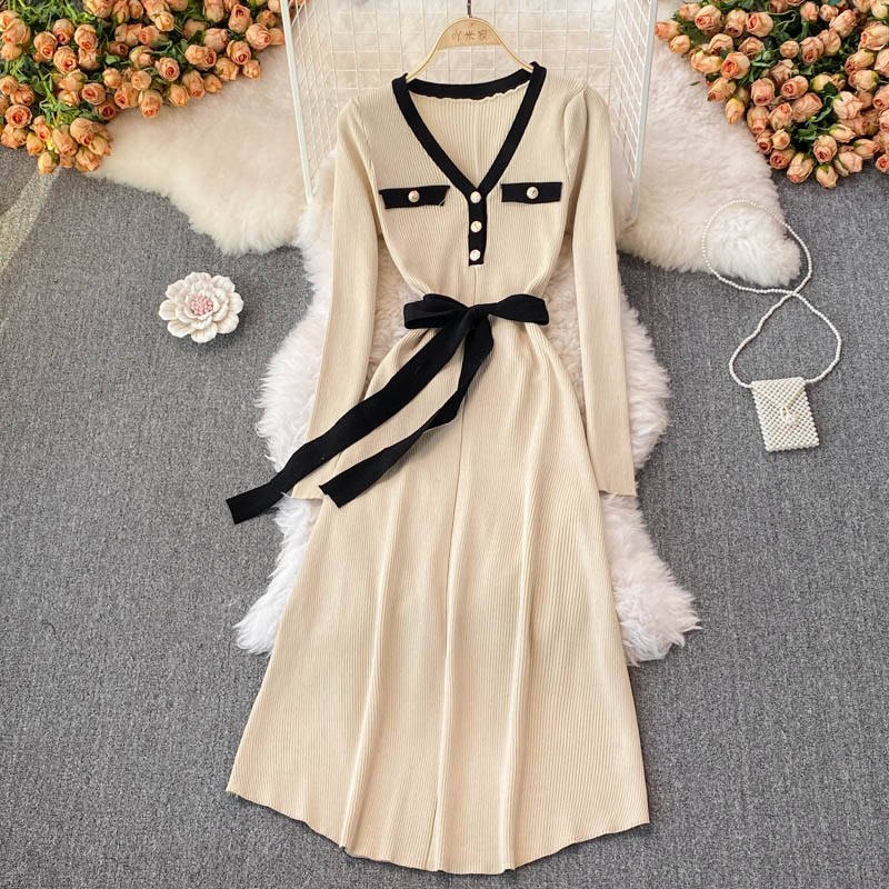 Elegant V-Neck Knit Sweater Dress for Women - Korean Style Winter Long Skirt with Belt | Perfect for Office, Date Night & Holiday Parties