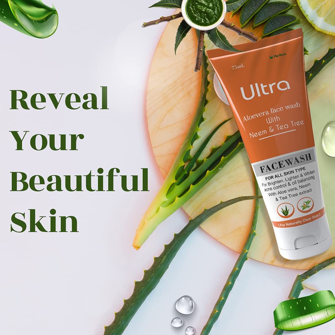 Ultra Healthcare Natural Aloe Vera, Neem & Tea Tree Extract Face Wash for Brightening, Lightening & Whitening Skin | Acne & Pimple Treatment | Oily Skin Control | Daily Cleansing for Clear & Balanced Skin