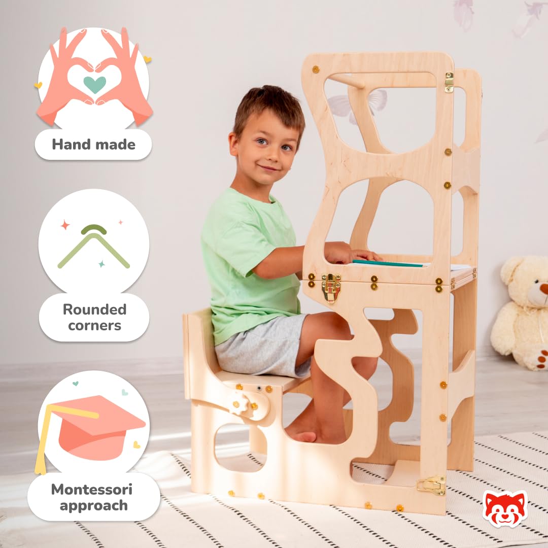 Wooden Step Stool for Toddlers - Montessori Learning Tower with Shapes - Safe Kitchen Helper Stool for Kids - Perfect for Baking, Cooking & Learning Independence - Made in Ukraine
